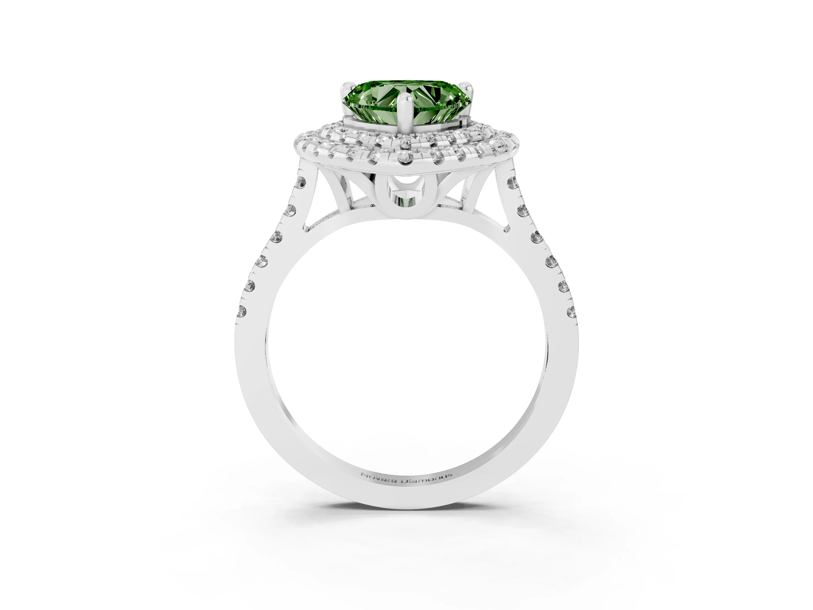 Fancy Green Heart Cut Diamond Double Halo Statement Ring Set in Platinum with Pavé Band