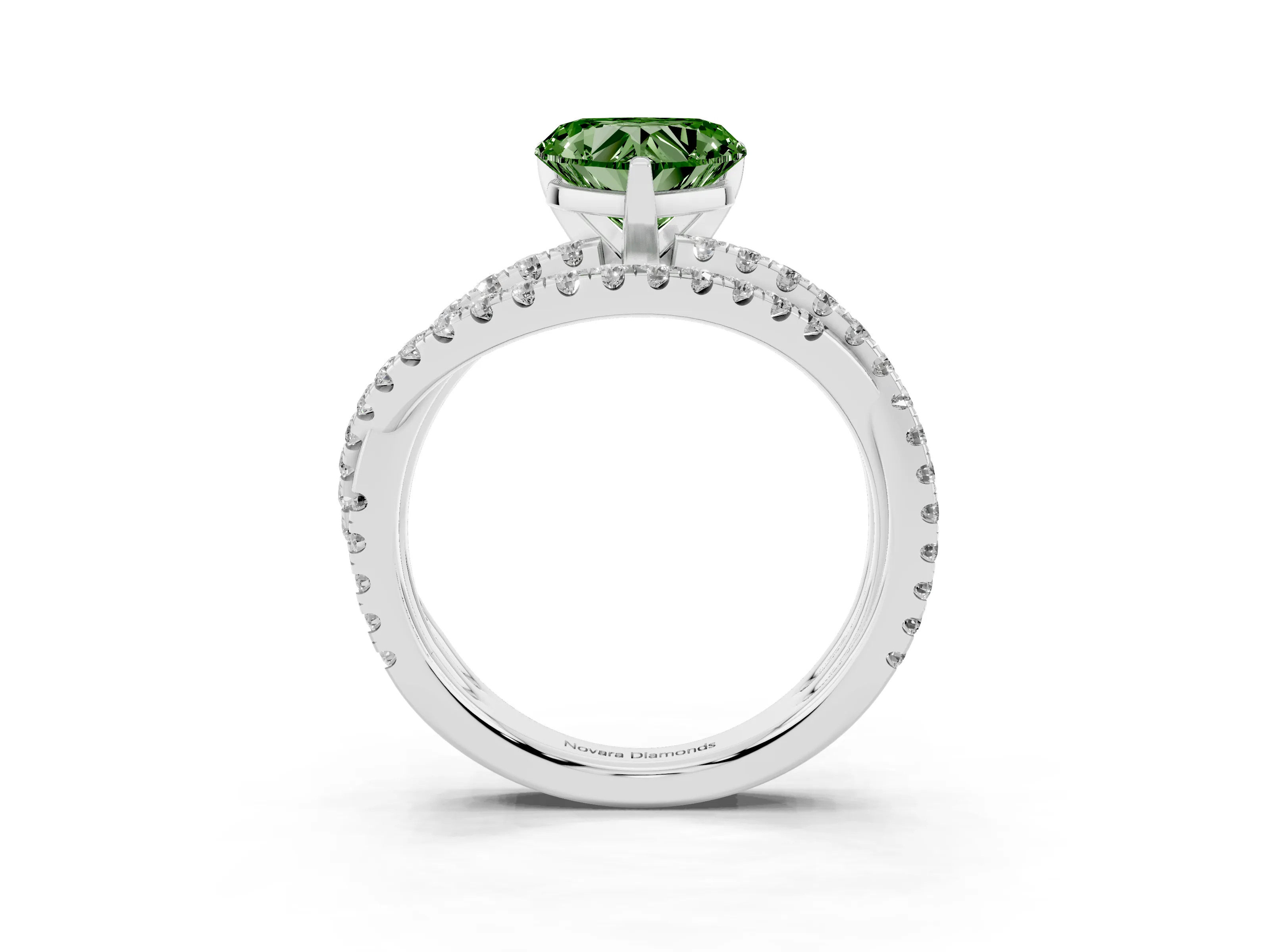 Fancy Green Heart Cut Diamond Solitaire Twist Band Ring Set in Silver with Pavé Setting and Prong Head