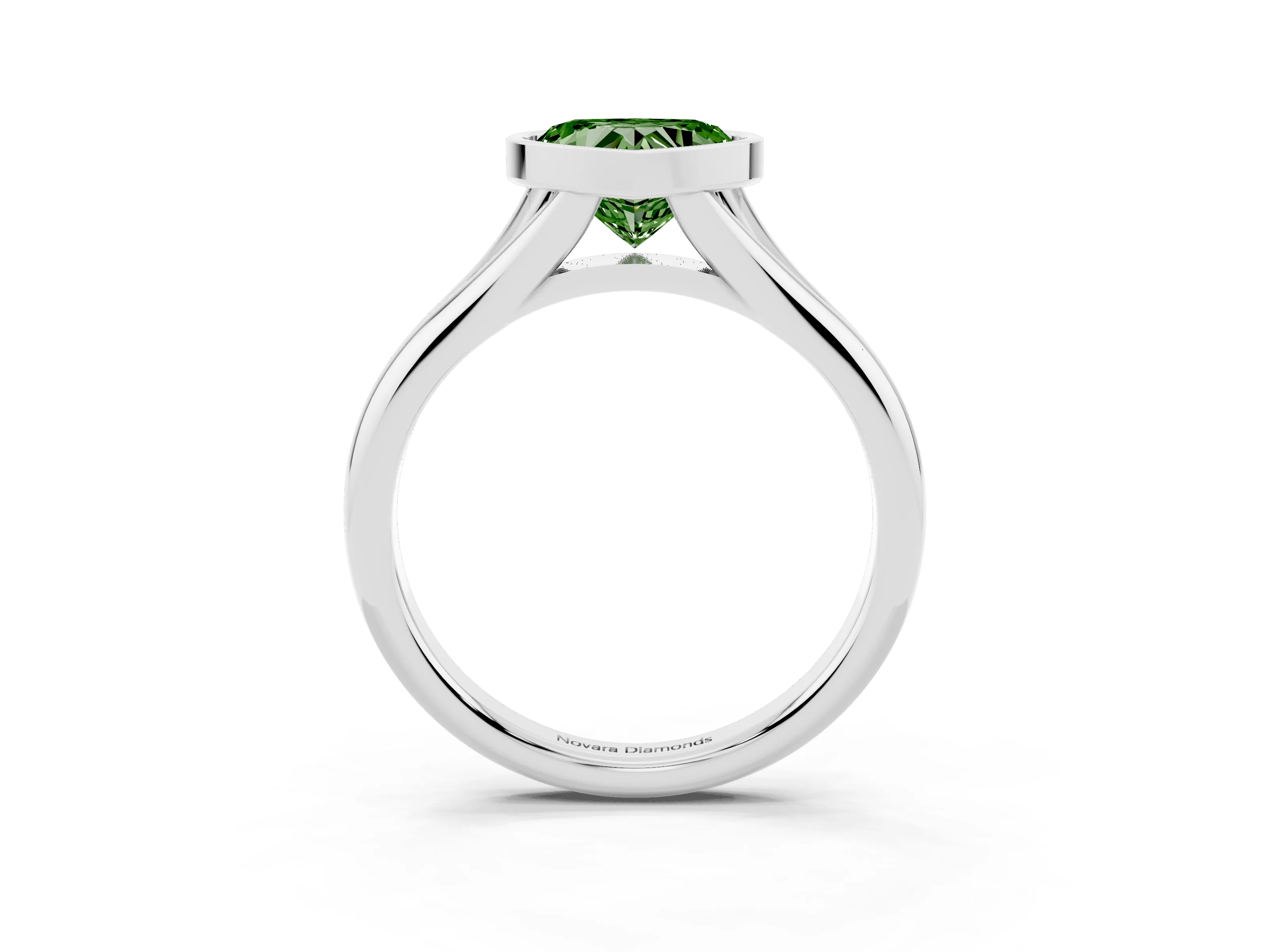Fancy Green Bezel Set Heart Cut Diamond Solitaire Ring Set in Silver with Smooth Band