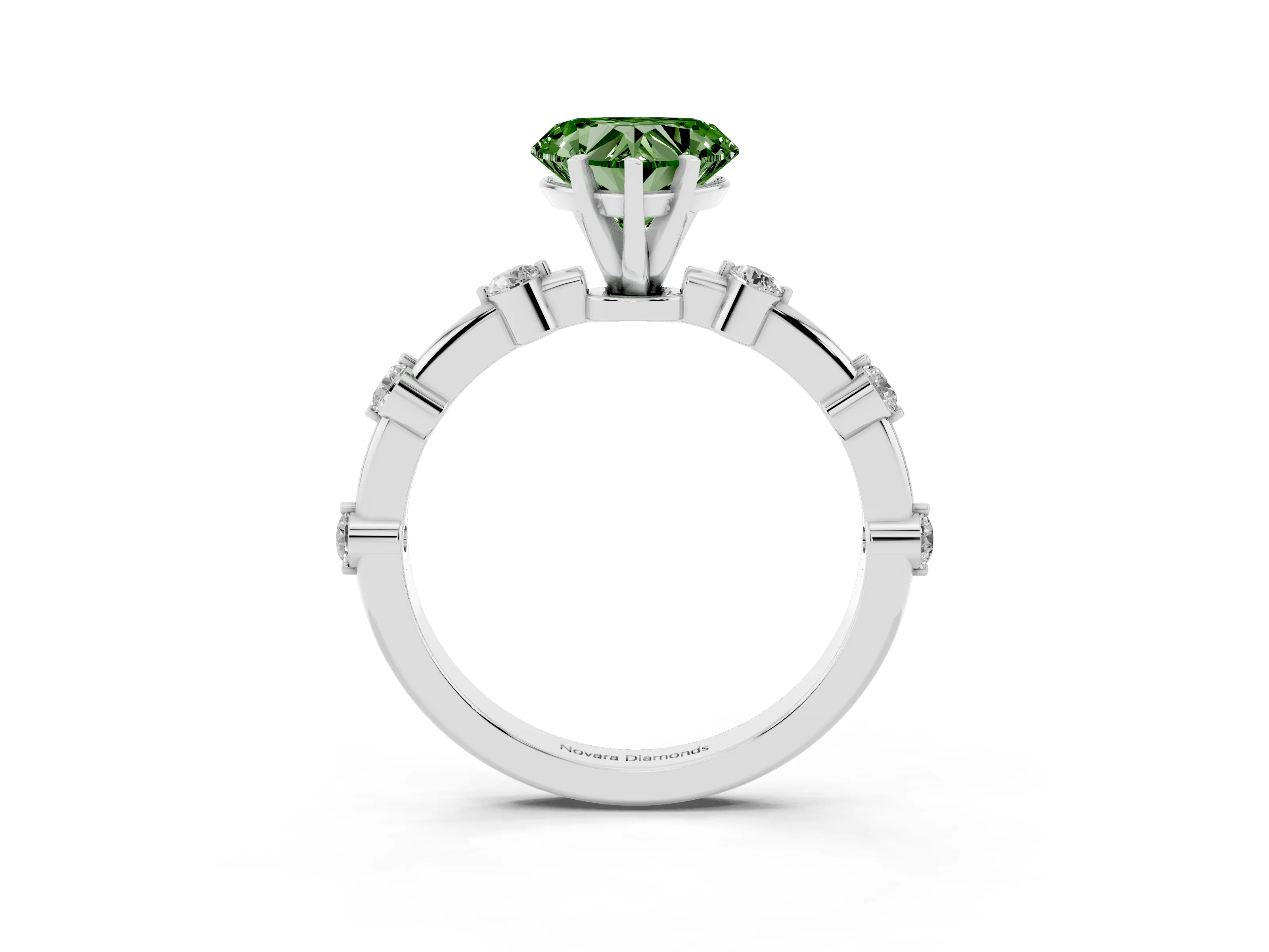 Fancy Green Heart Cut Diamond Solitaire Ring Set in Silver with Bezel Set Side Stones and Prong Setting