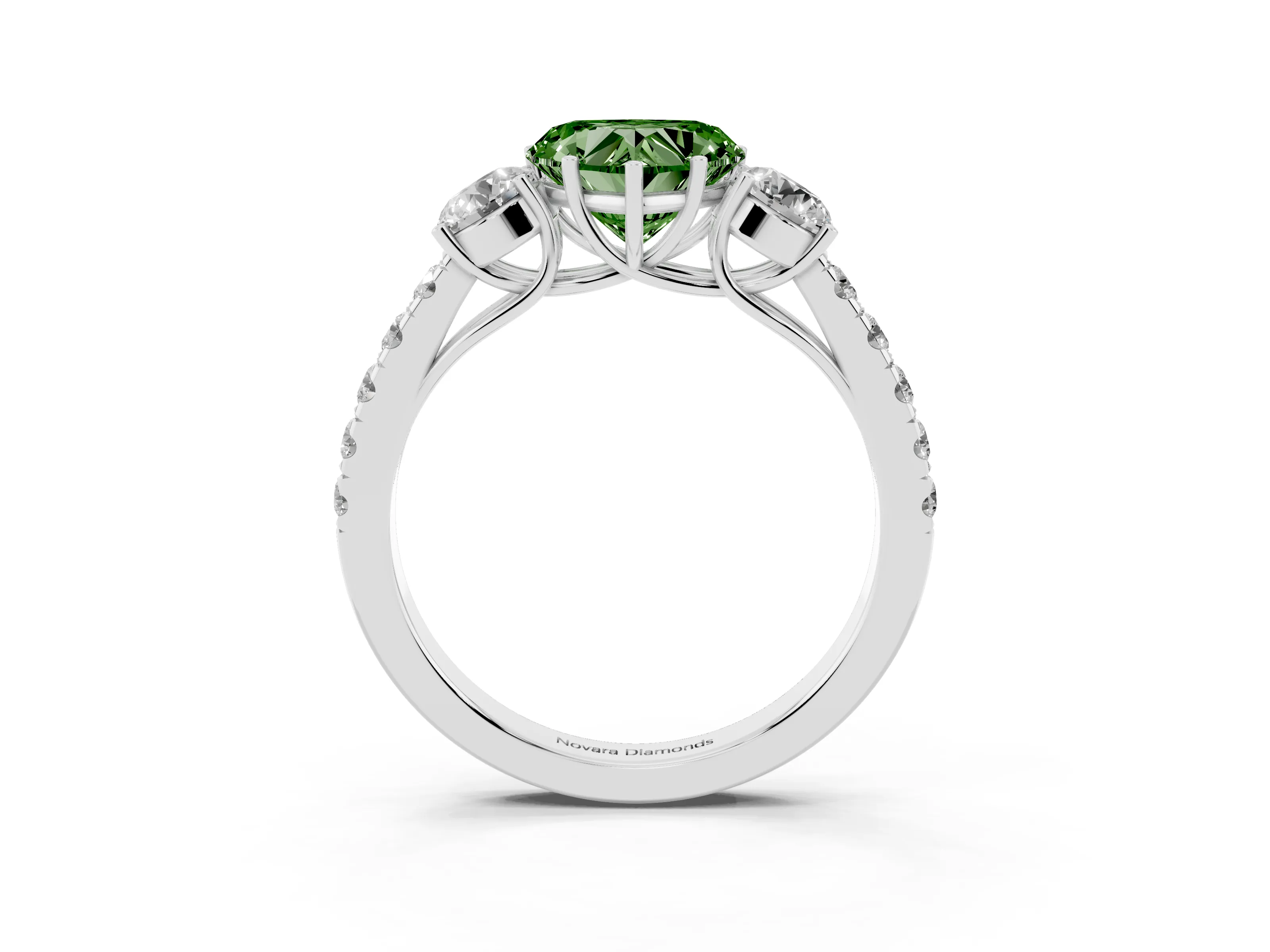 Fancy Green Heart Cut Diamond Three-Stone Ring Set in White gold with Round Side Stones and Delicate Pavé Band