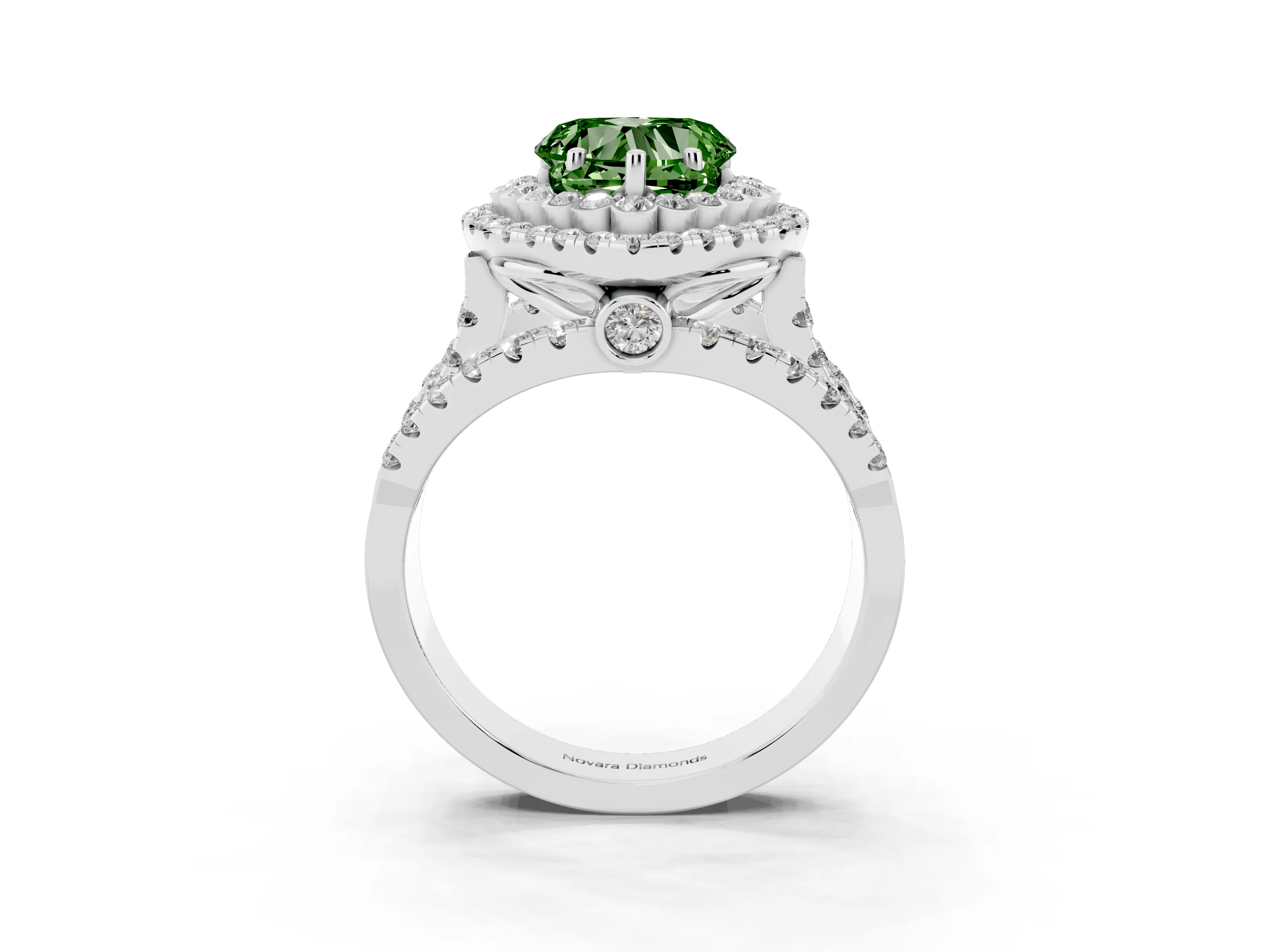Fancy Green Heart Cut Diamond Double Halo Ring Set in White gold with Round Pavé Split Shank