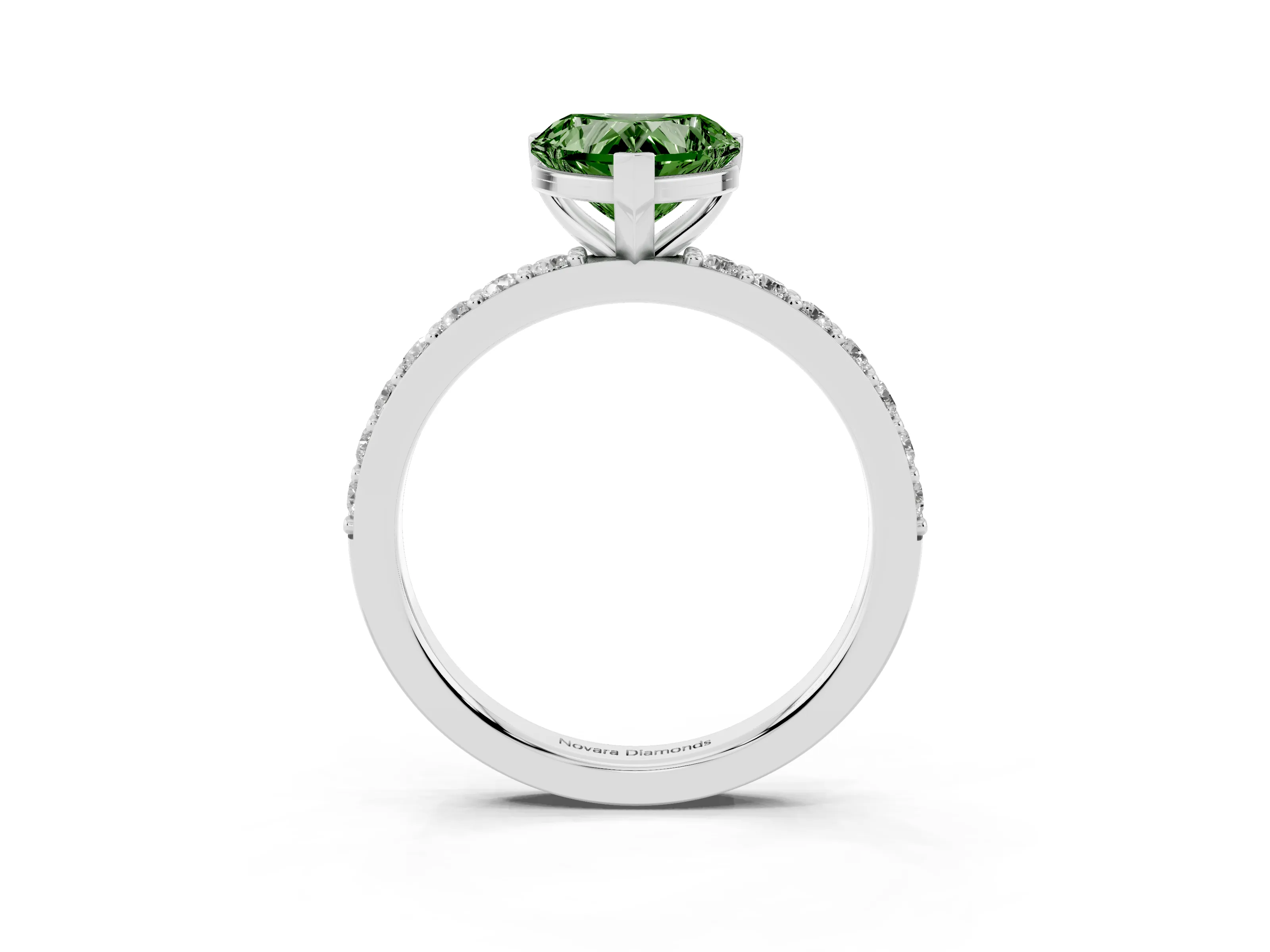 Fancy Green Heart Cut Diamond Solitaire Set in White gold with Round Pavé Band and Prong Setting