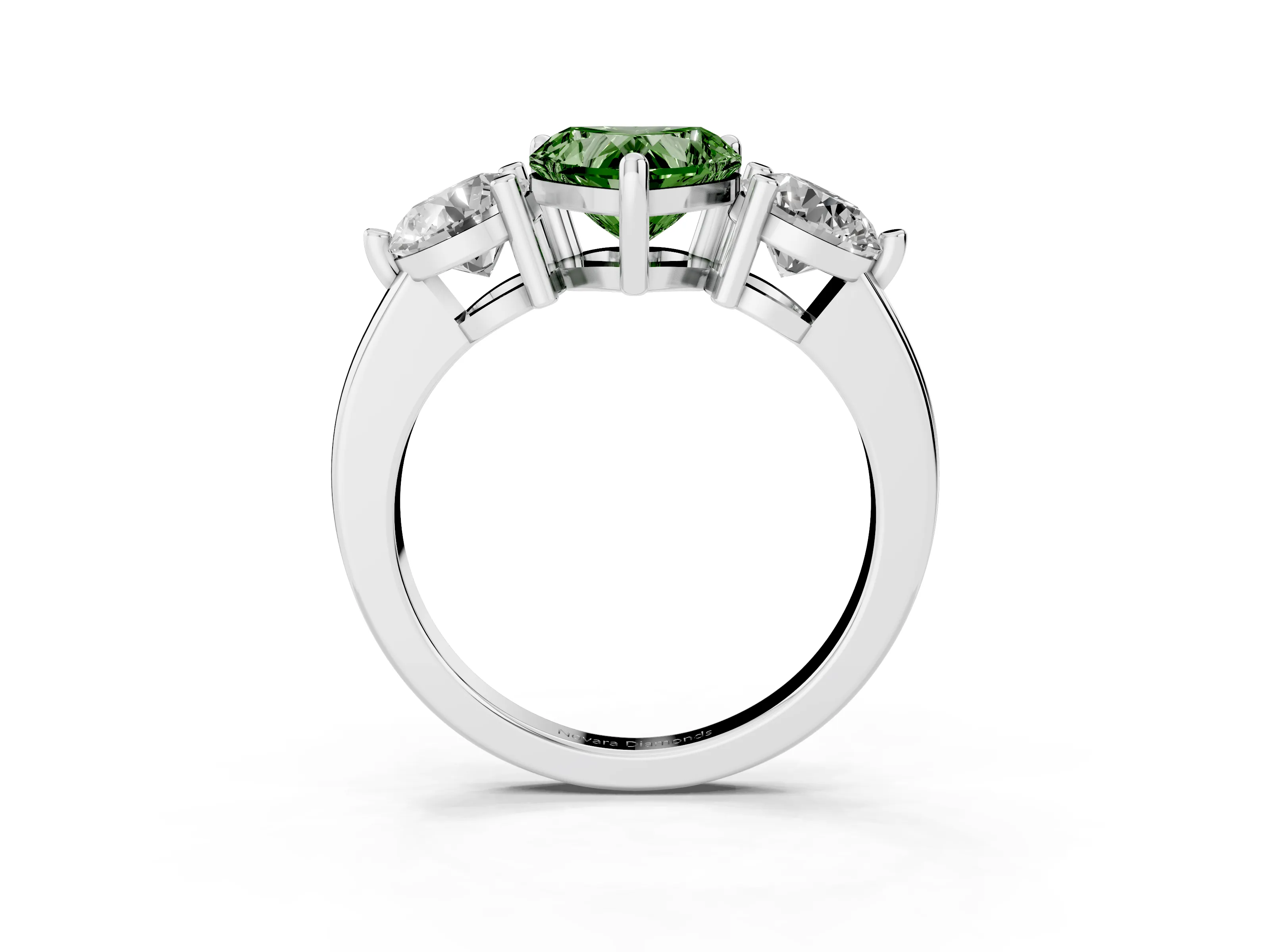 Fancy Green Heart Cut Diamond Three-Stone Ring Set in Platinum with Prong Setting and Classic Band