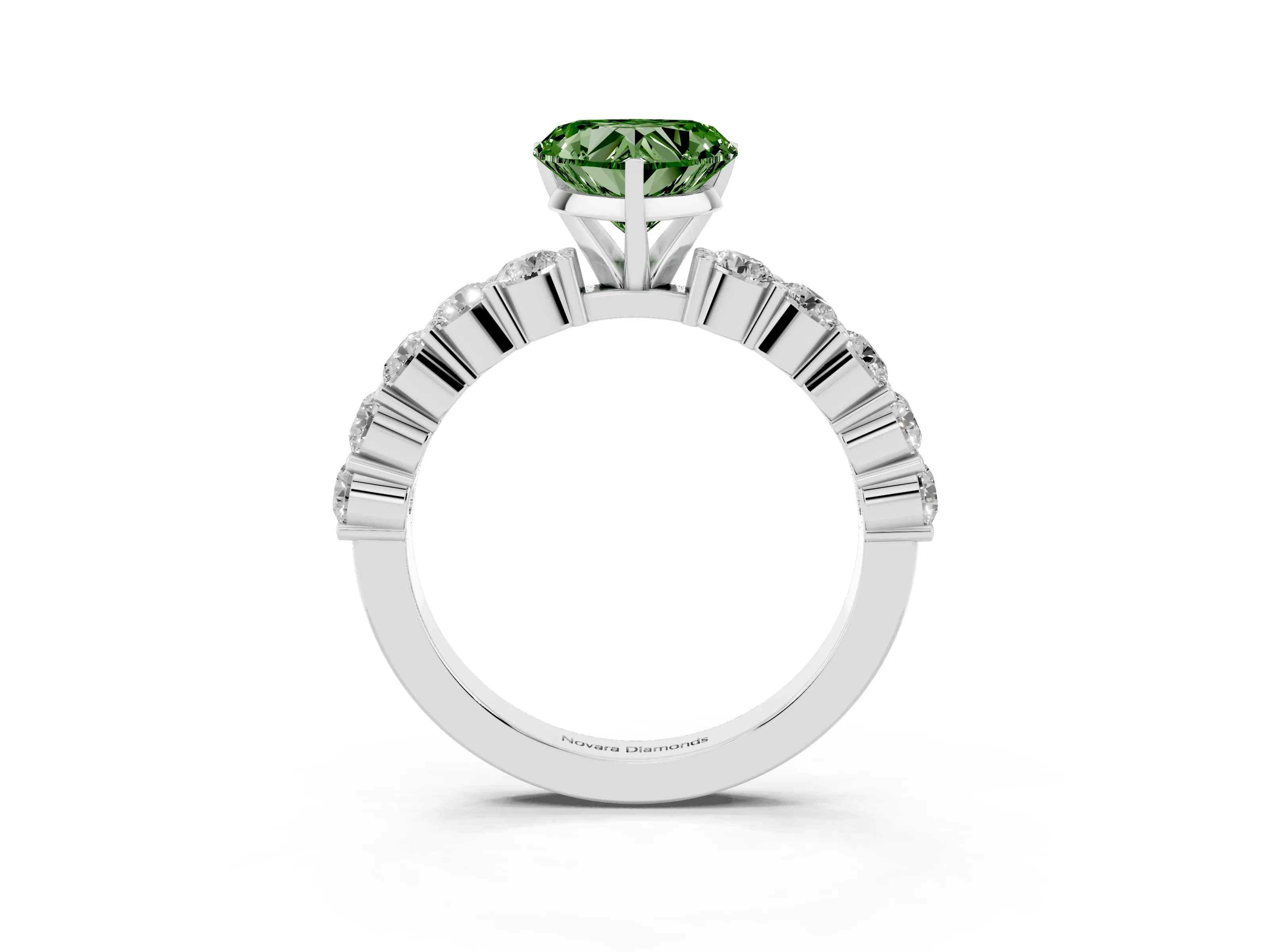 Fancy Green Heart Cut Diamond Solitaire Ring Set in White gold with Shared Prong Round Side Stones