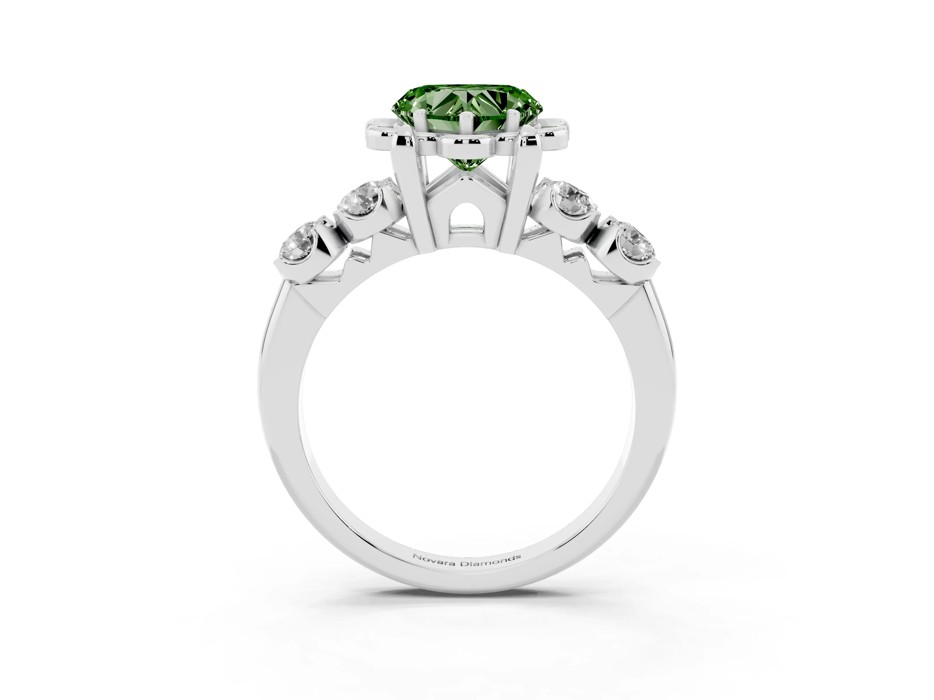 Fancy Green Heart Cut Diamond Floral Halo Ring Set in Silver with Shared Prong Band