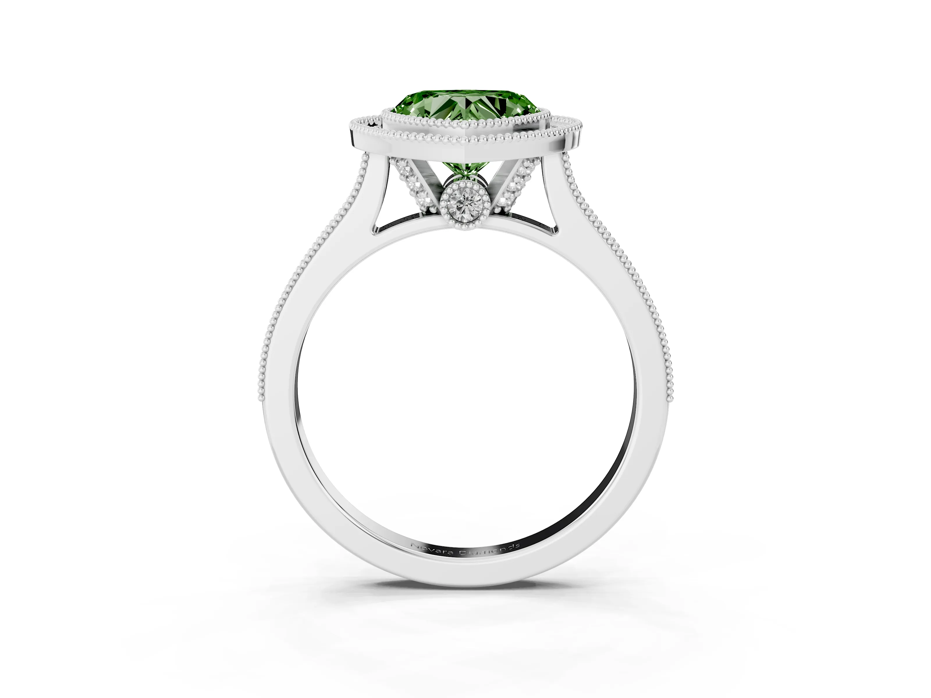 Fancy Green Heart Cut Diamond Halo Milgrain Pavé Band Ring Set in Platinum with Prong Setting