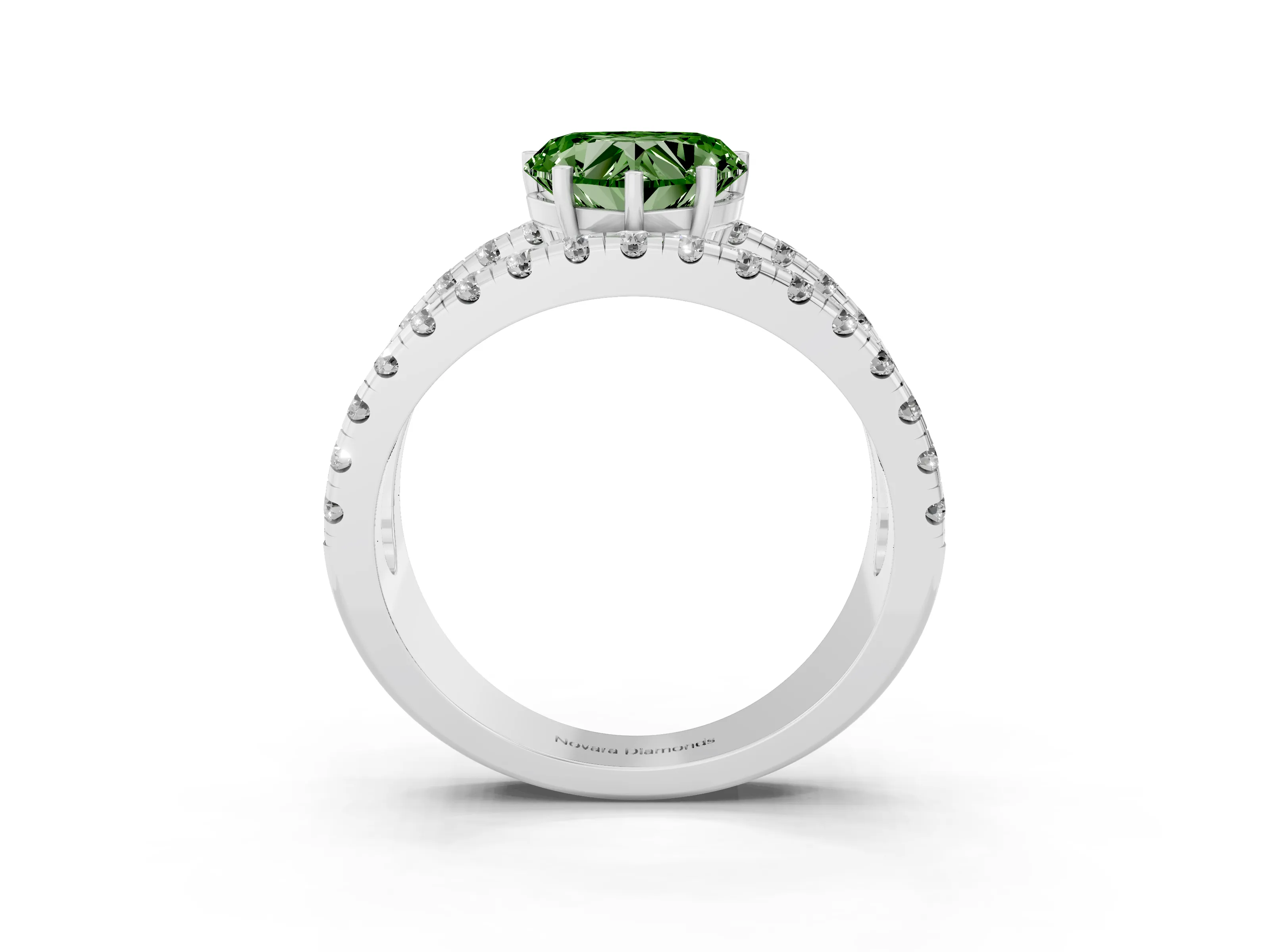 Fancy Green Heart Cut Diamond Split Shank Pavé Solitaire Ring Set in Platinum with Open Shank Design