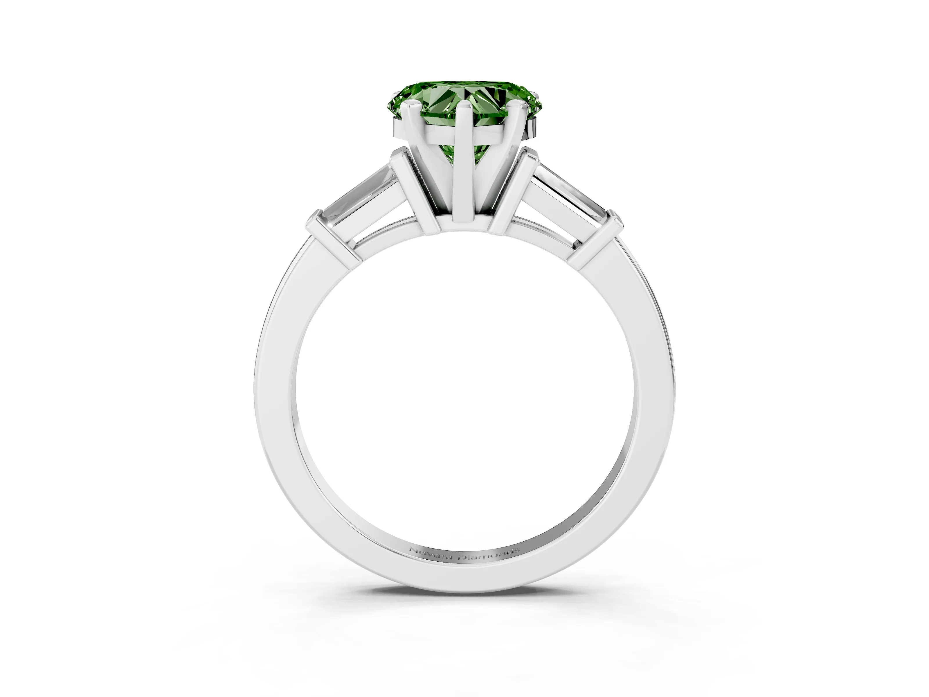 Fancy Green Heart Cut Diamond Solitaire Ring Set in Silver with Tapered Baguette Accents and Prong Setting