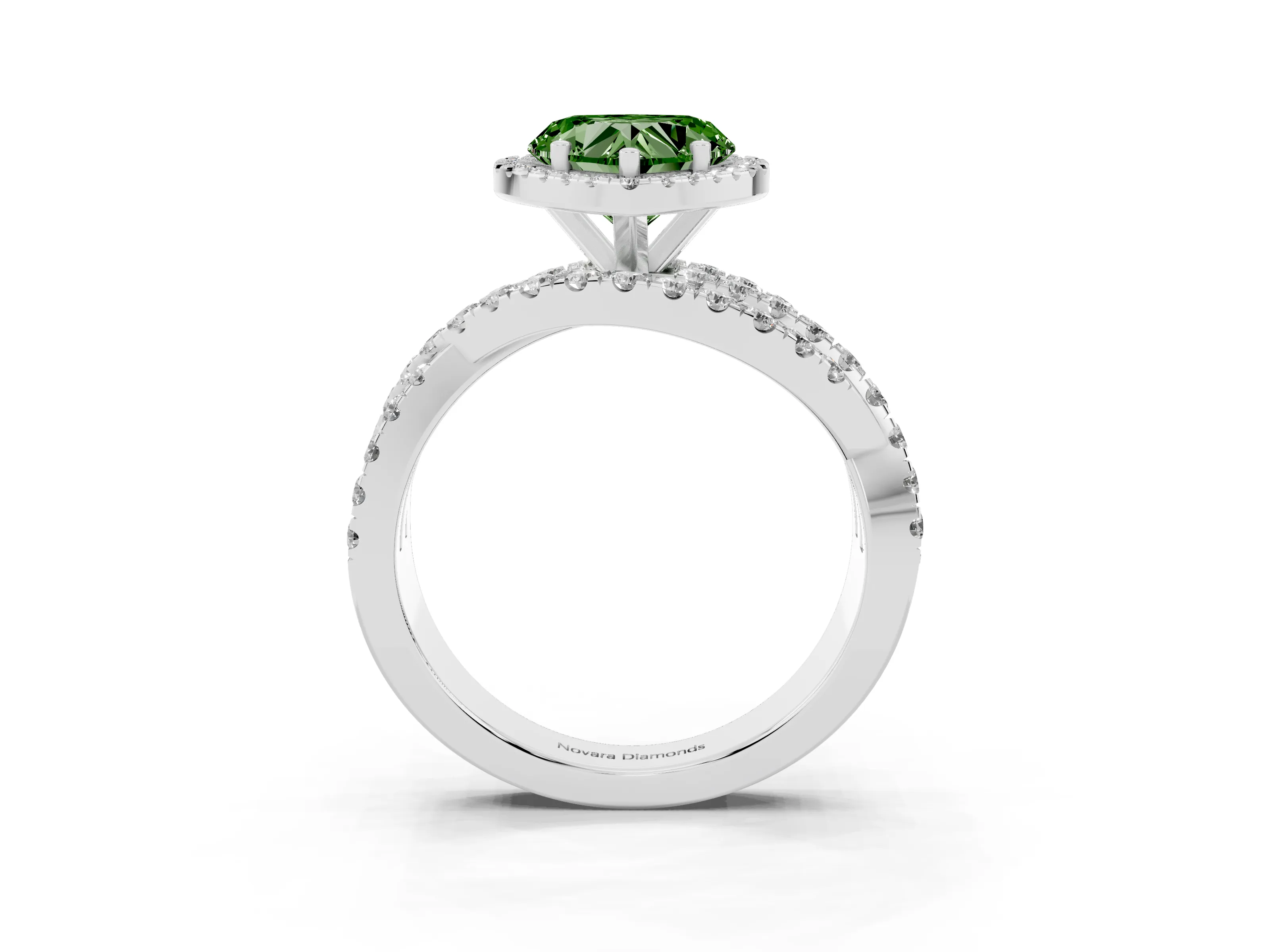 Fancy Green Heart Cut Diamond Halo Ring Set in White gold with Round Crossover Split Shank and Prong Setting