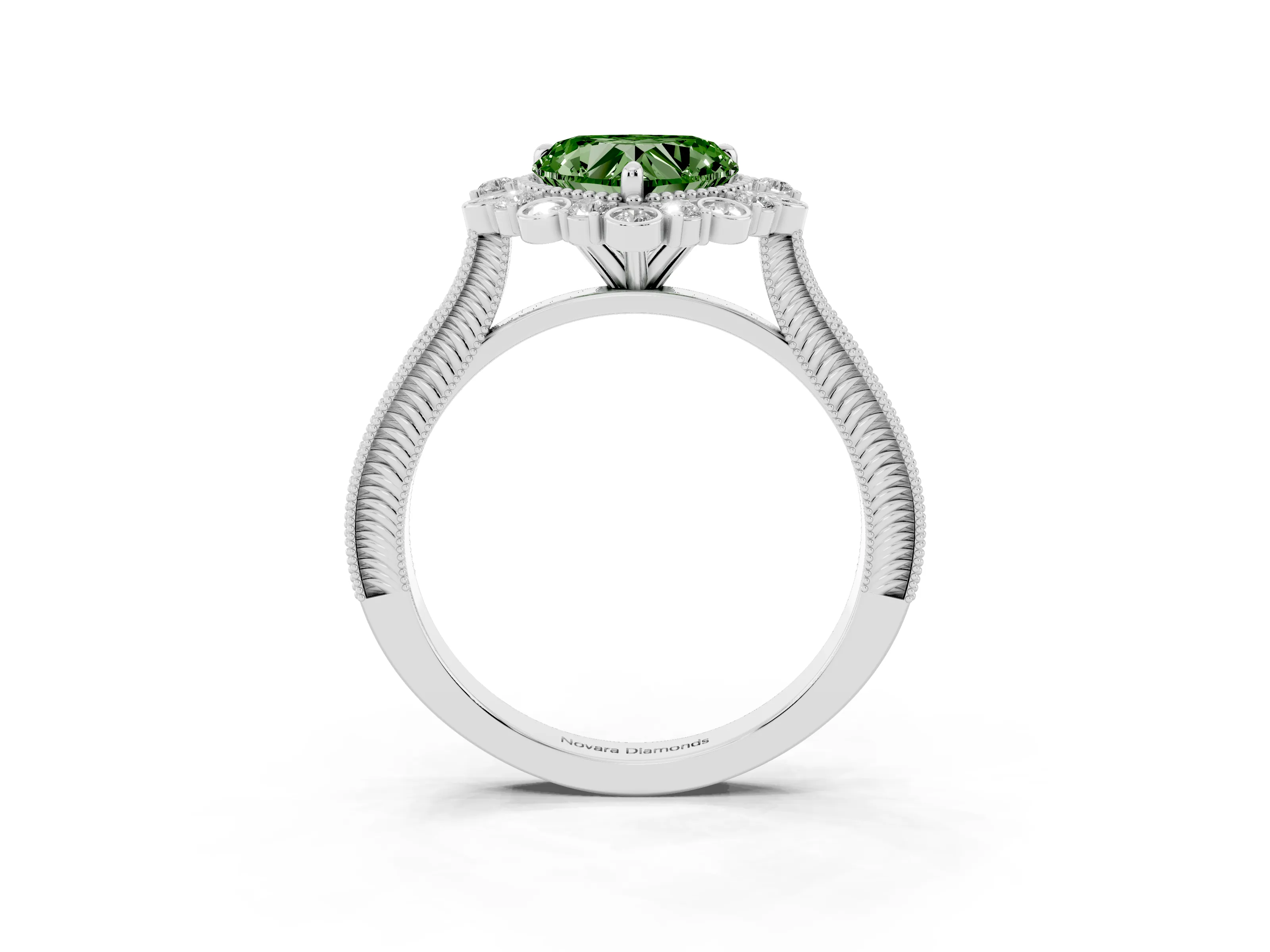 Fancy Green Heart Cut Diamond Halo Milgrain Pavé Ring Set in White gold with Prong Setting