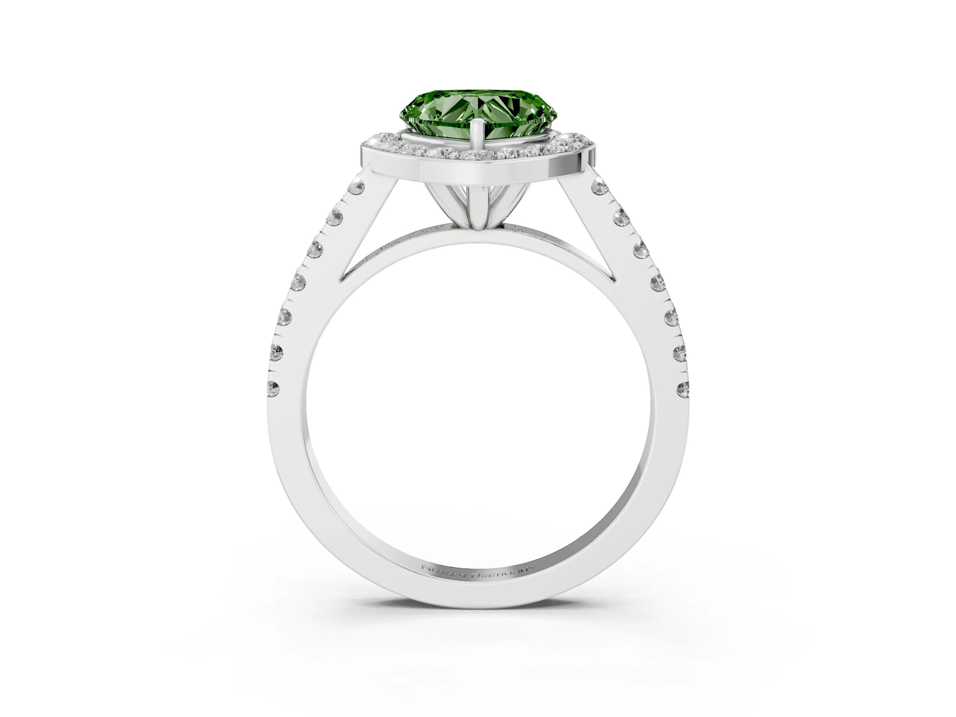 Fancy Green Heart Cut Diamond Halo Ring Set in White gold with Round Pavé Split Shank and Prong Setting