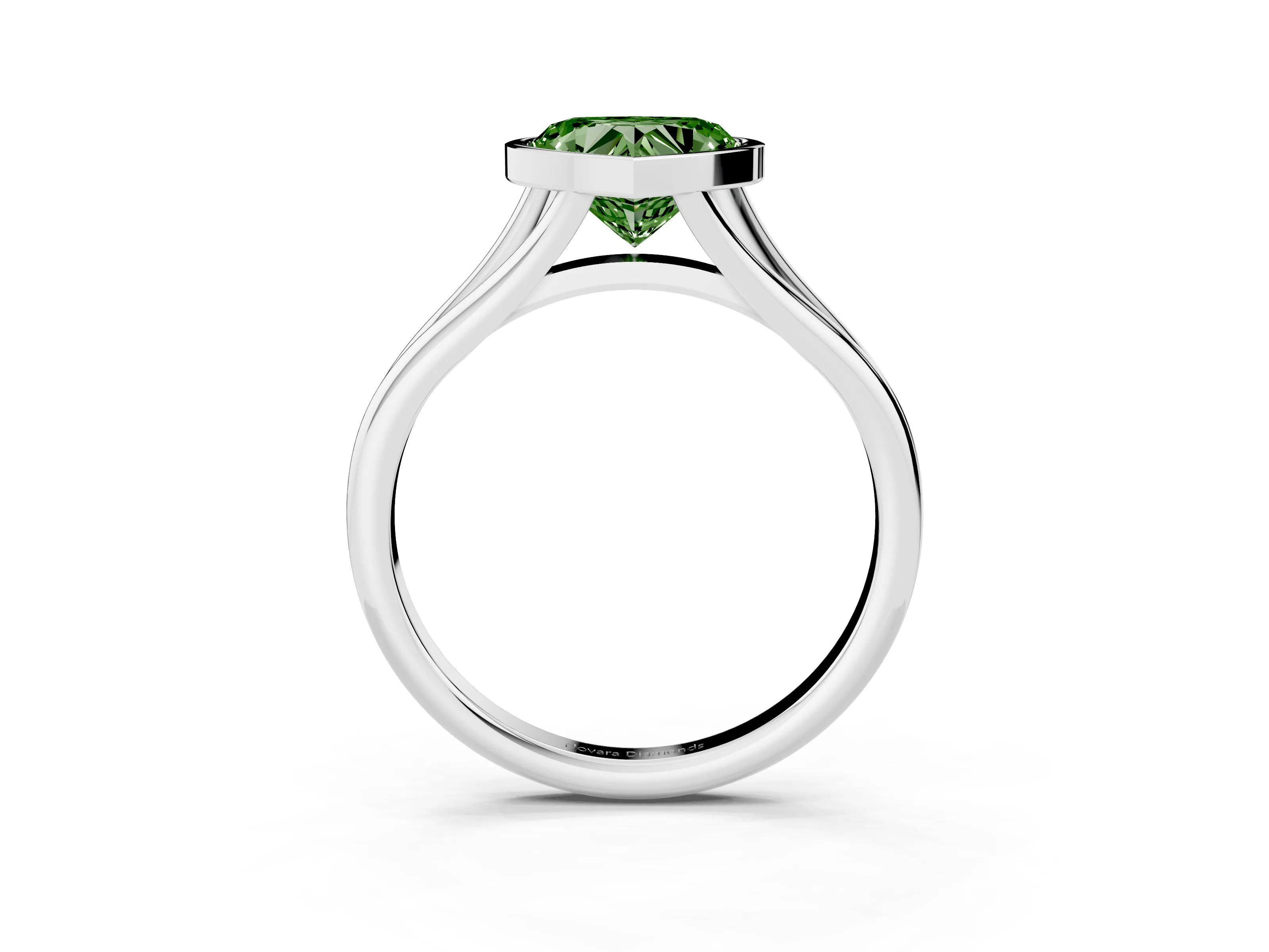 Fancy Green Bezel Set Heart Cut Diamond Solitaire Ring Set in Platinum with Tapered Band