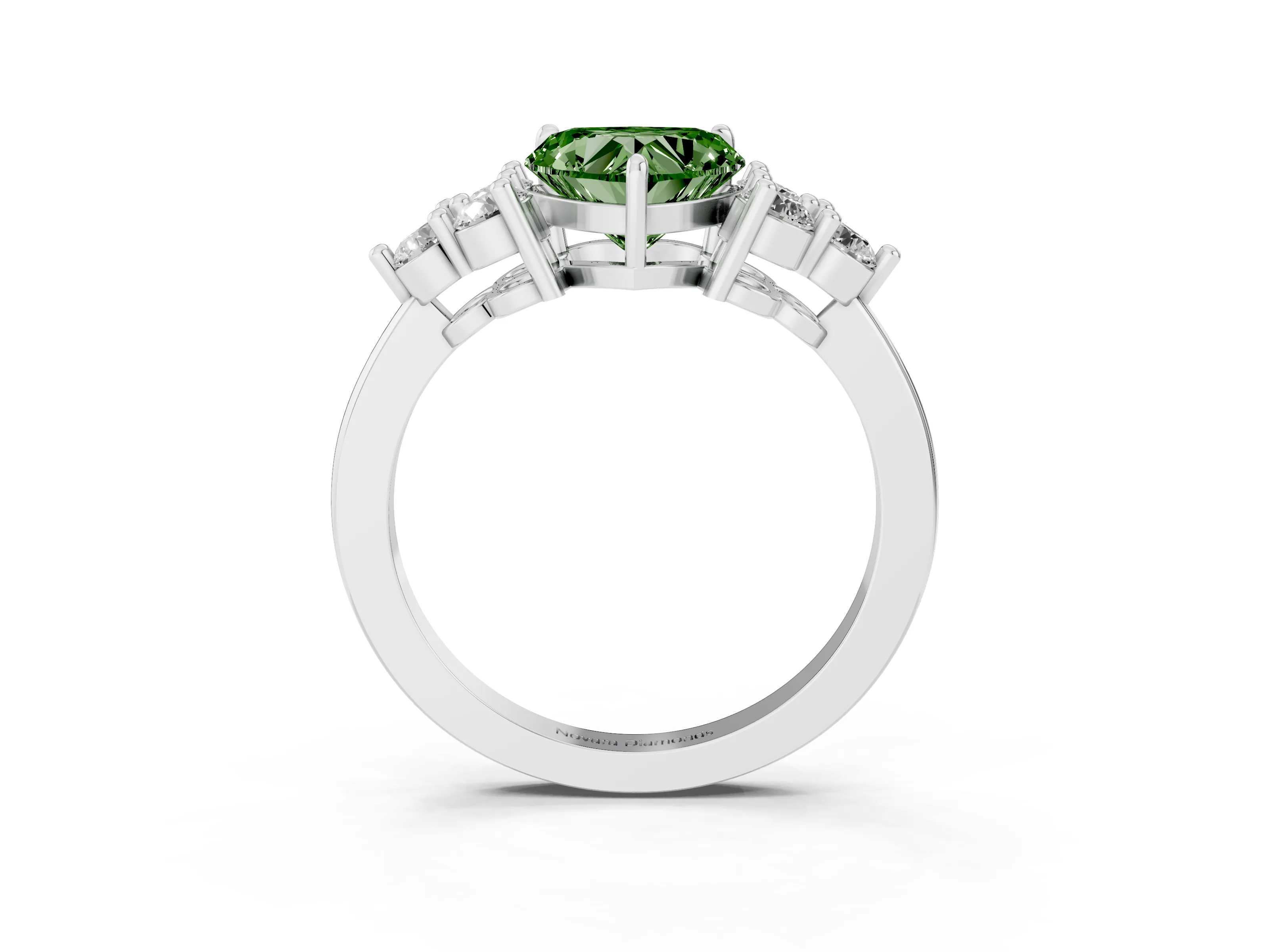 Fancy Green Heart Cut Diamond Solitaire Ring Set in Silver with Cluster Accents on Each Side