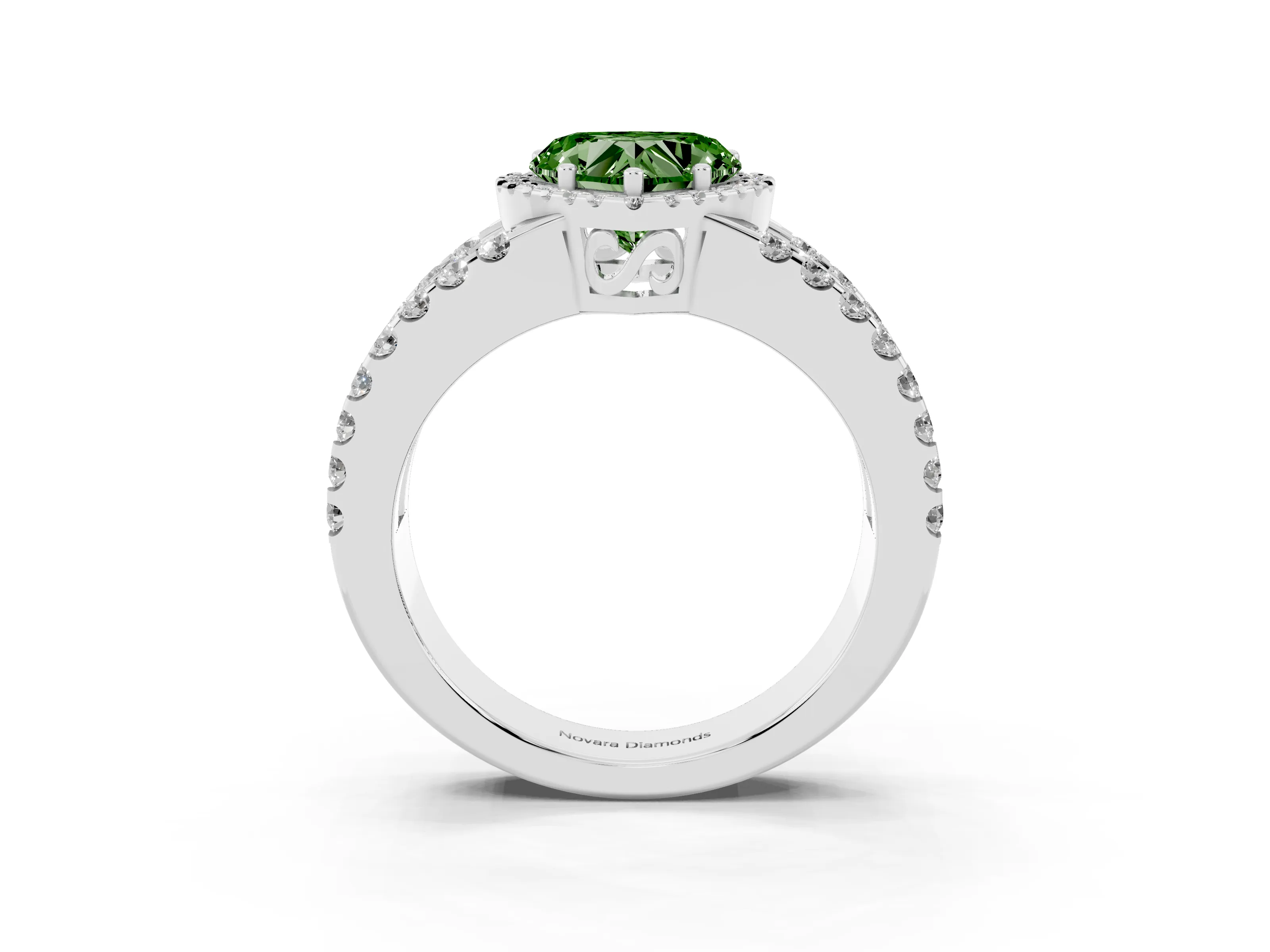 Fancy Green Heart Cut Diamond Halo Ring Set in Silver with Pavé Split Shank and Prong Setting
