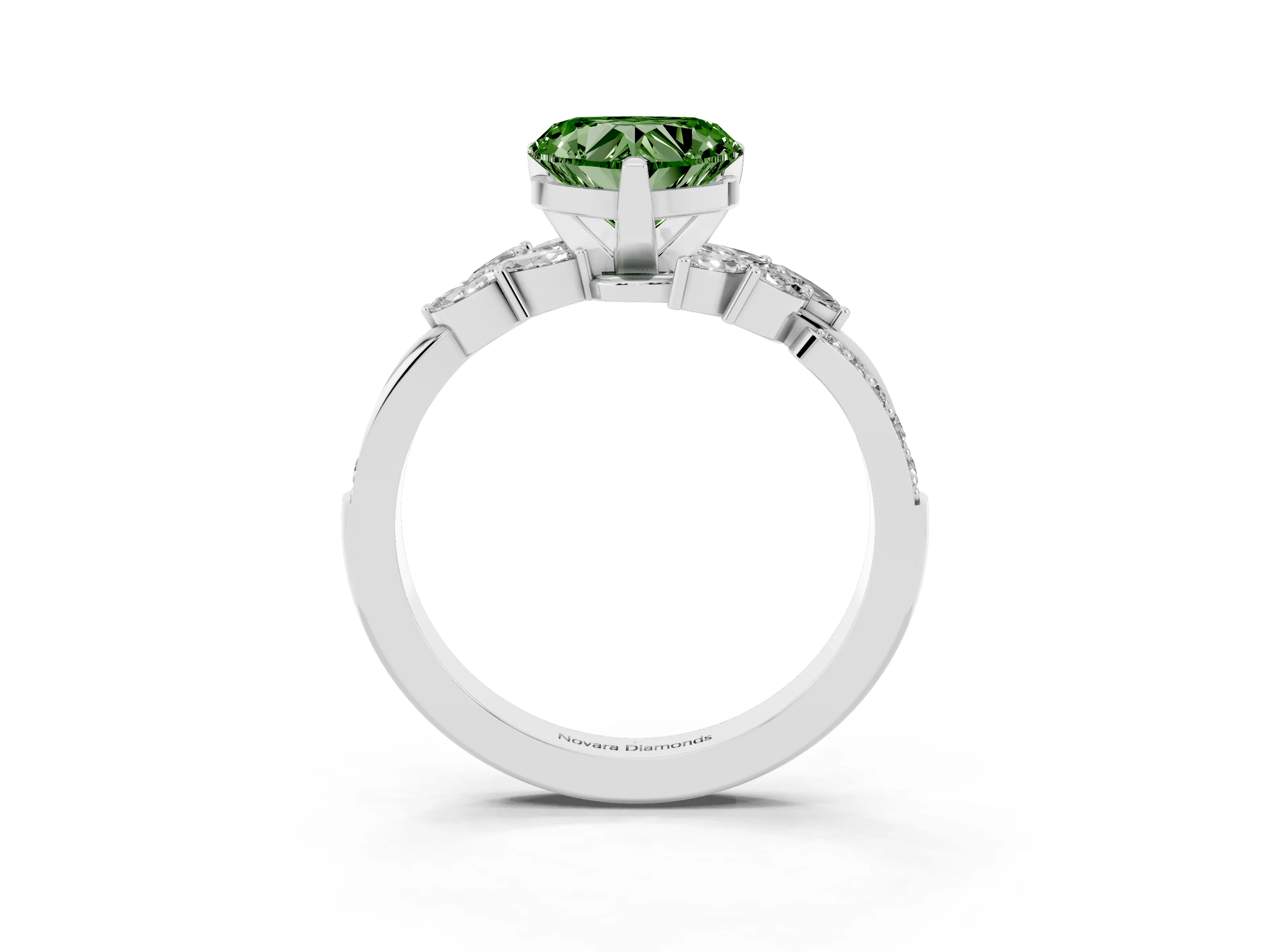 Fancy Green Heart Cut Diamond Solitaire Ring Set in Platinum with Marquise Twist Band and Prong Setting