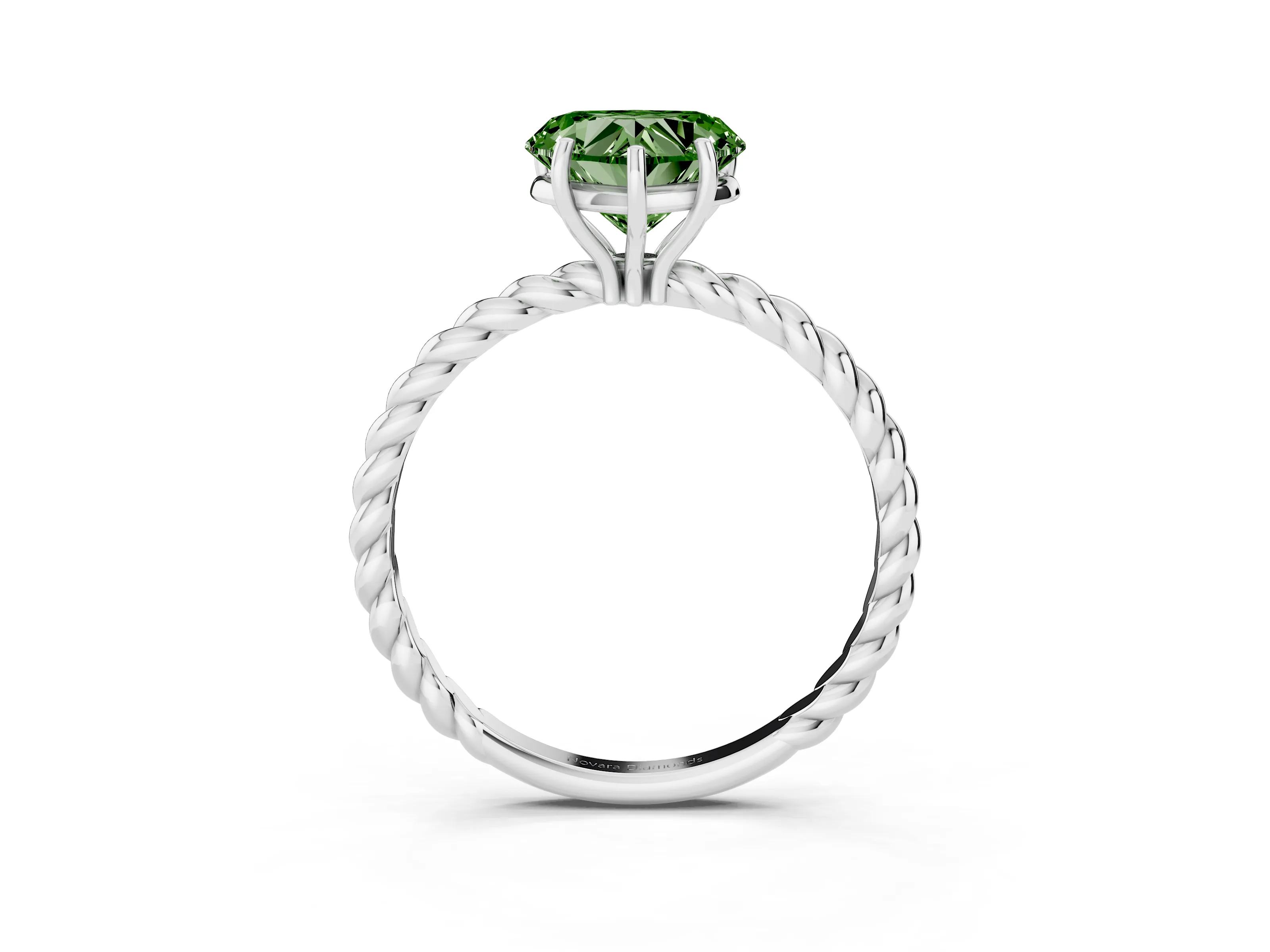 Fancy Green Heart Cut Diamond Solitaire Ring Set in White gold with Twist Band and Prong Setting