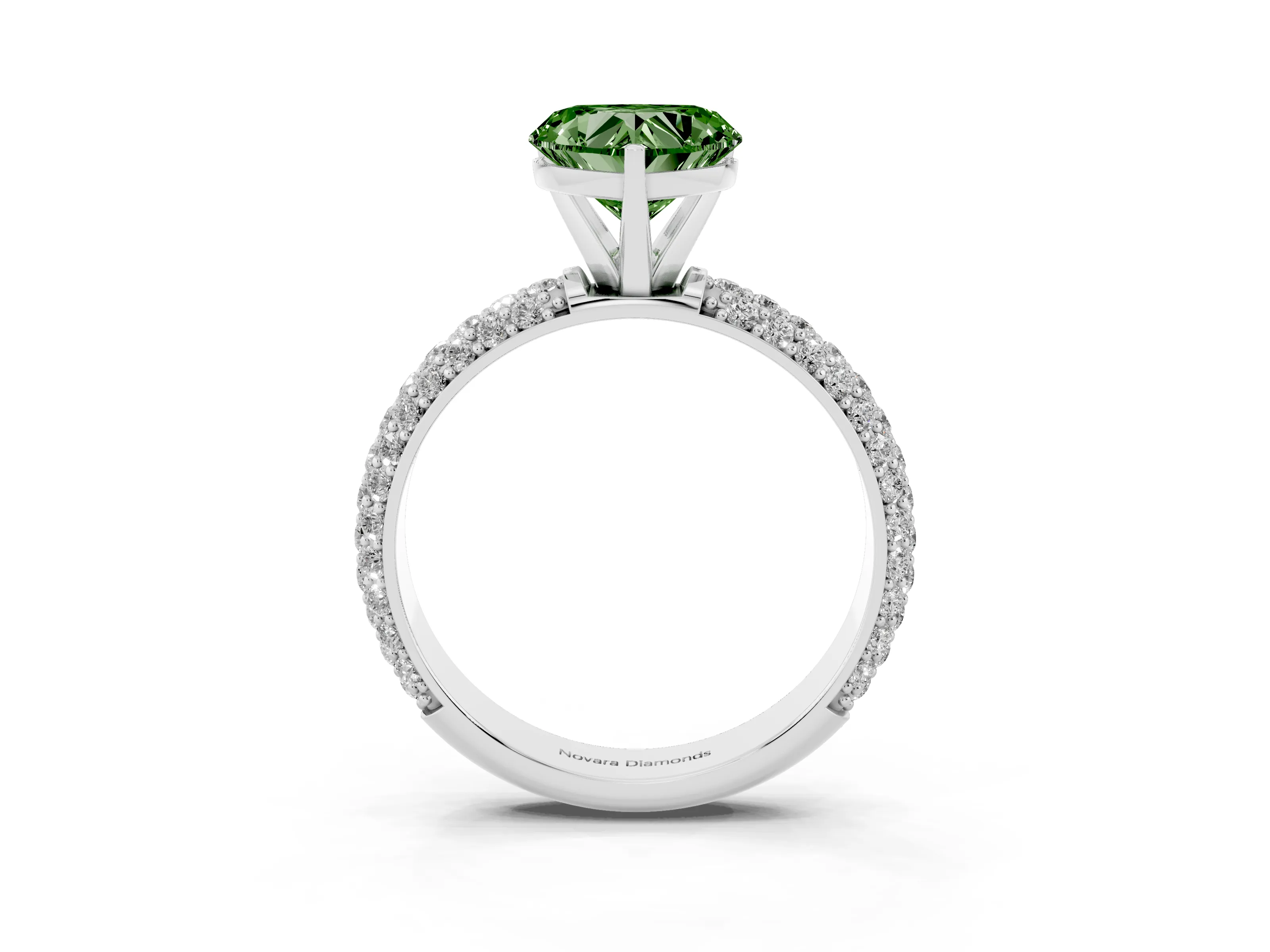 Fancy Green Heart Cut Diamond Solitaire Ring Set in Platinum with Prong Setting and Pavé-Set Band