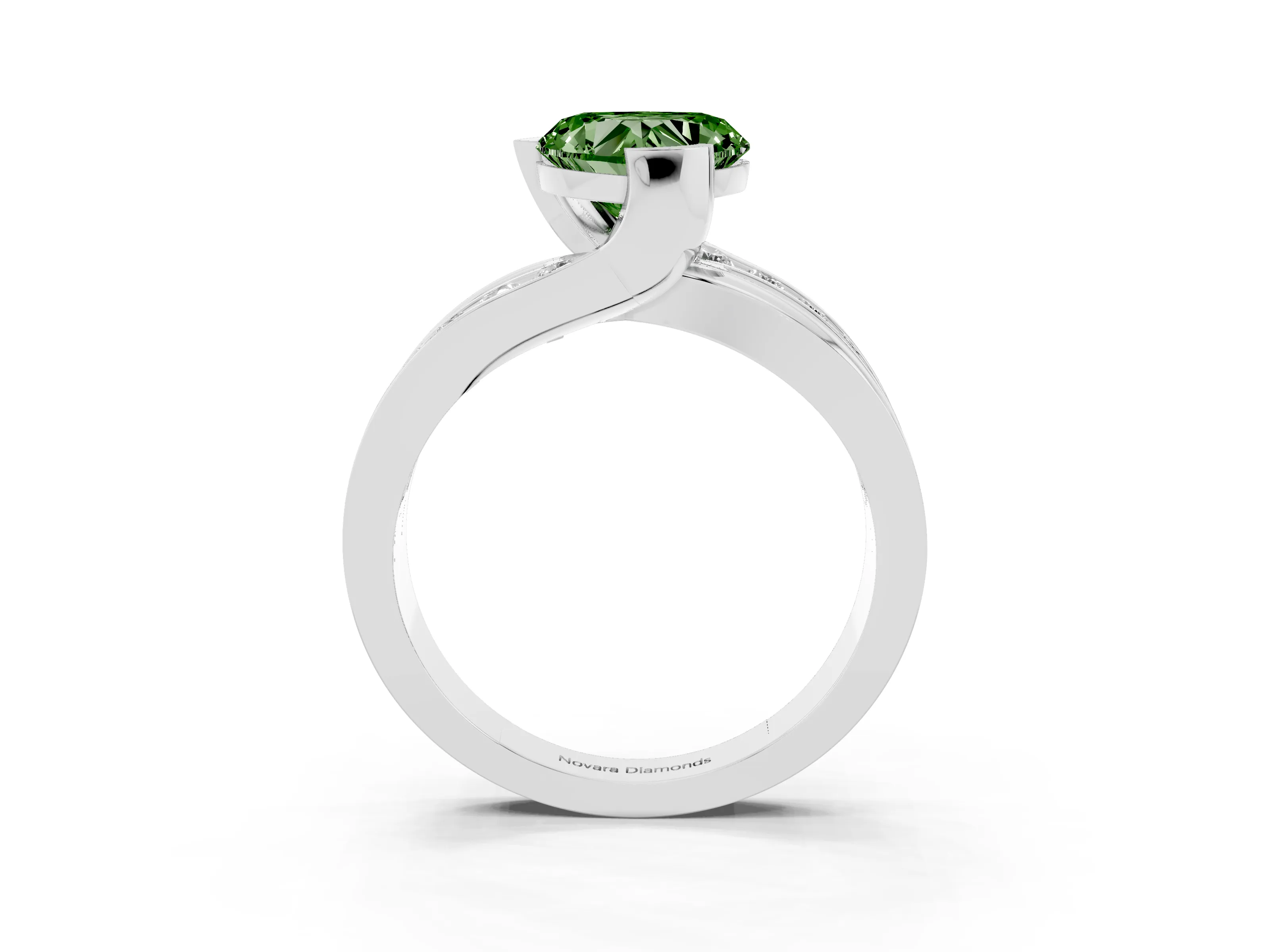 Fancy Green Heart Cut Diamond Solitaire Ring Set in White gold with Channel Set Split Shank and Tension Prongs