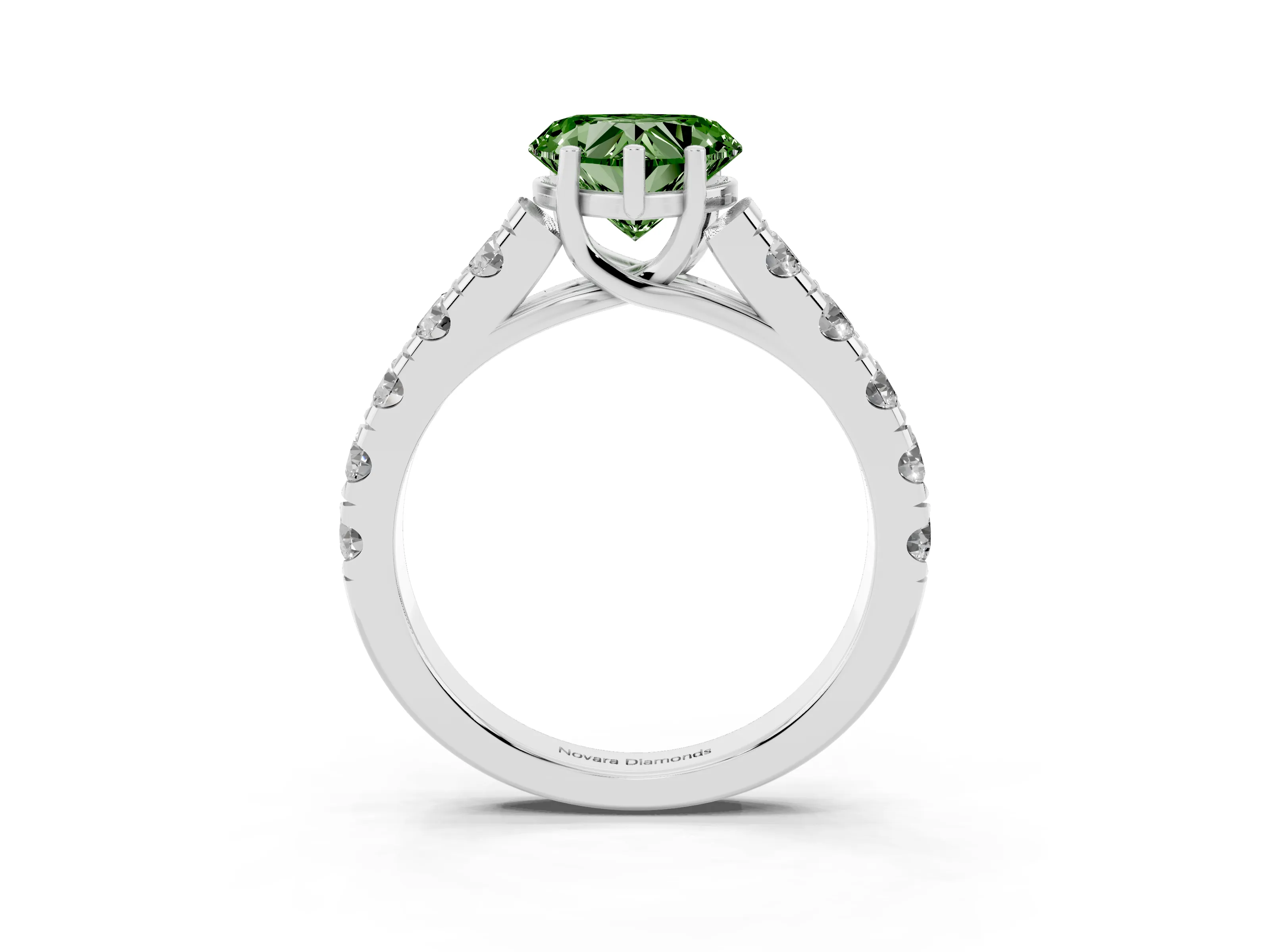 Fancy Green Heart Cut Diamond Solitaire Ring Set in White gold with Cut-Down Micro Pavé Band and Prong Setting