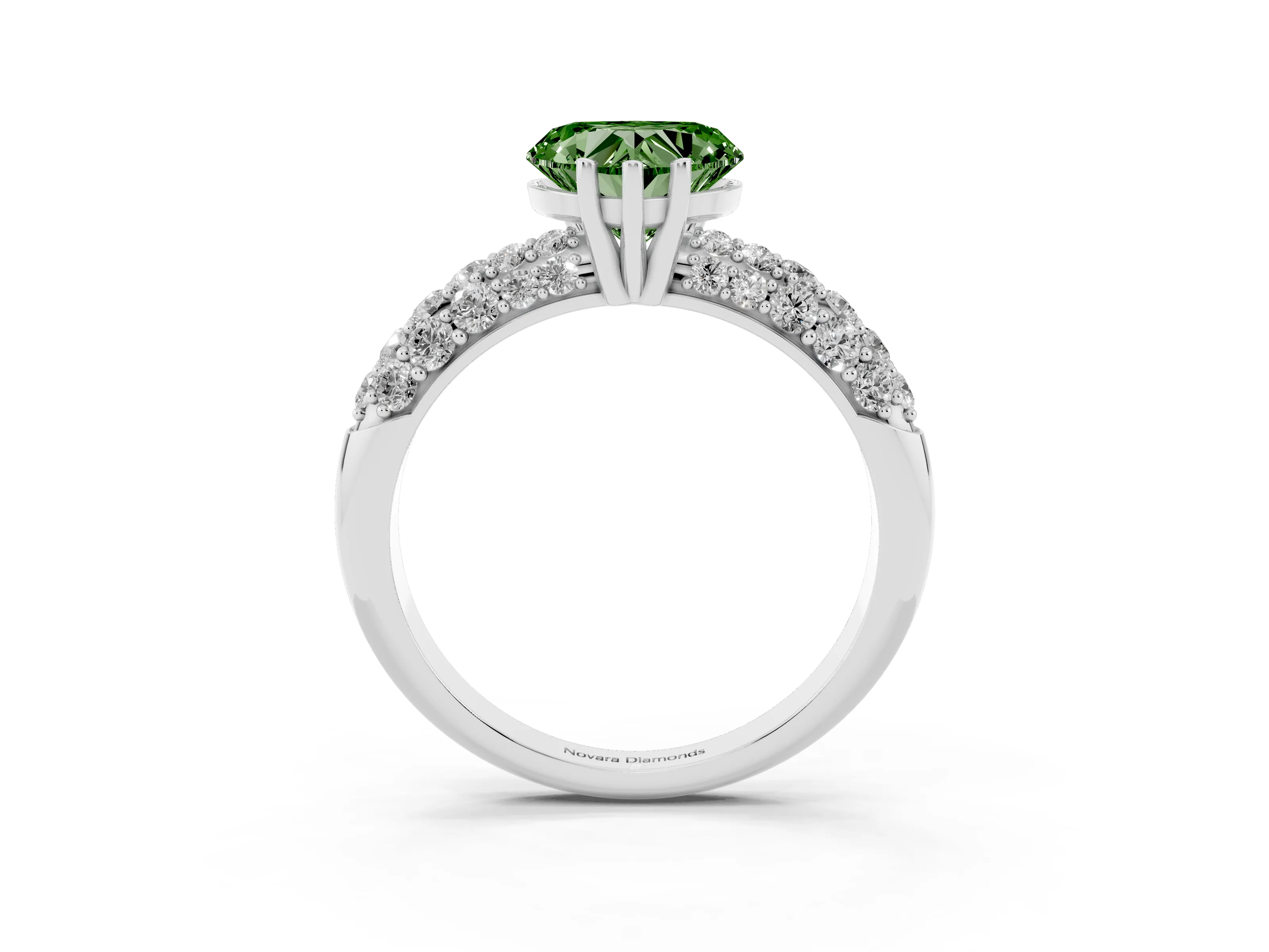 Fancy Green Heart Cut Diamond Pavé Band Solitaire Ring Set in White gold with Close-Set Accent Stones and Prong Setting