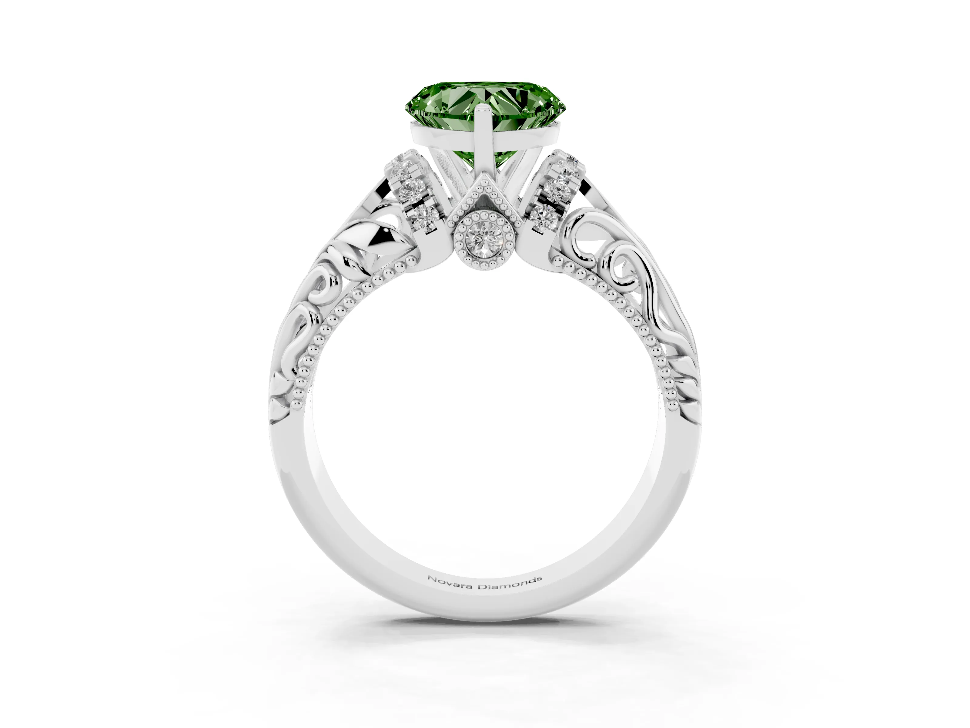 Fancy Green Heart Cut Diamond Filigree Halo Engagement Ring Set in Silver with Prong Setting