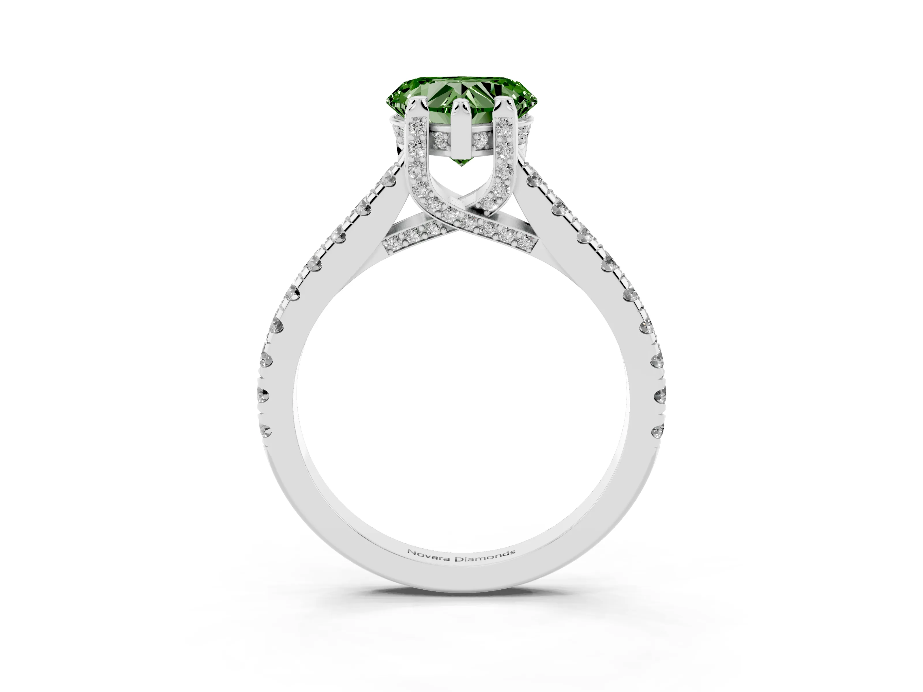 Fancy Green Heart Cut Diamond Solitaire Ring Set in Silver with Brilliant Pavé Band and Prong Setting