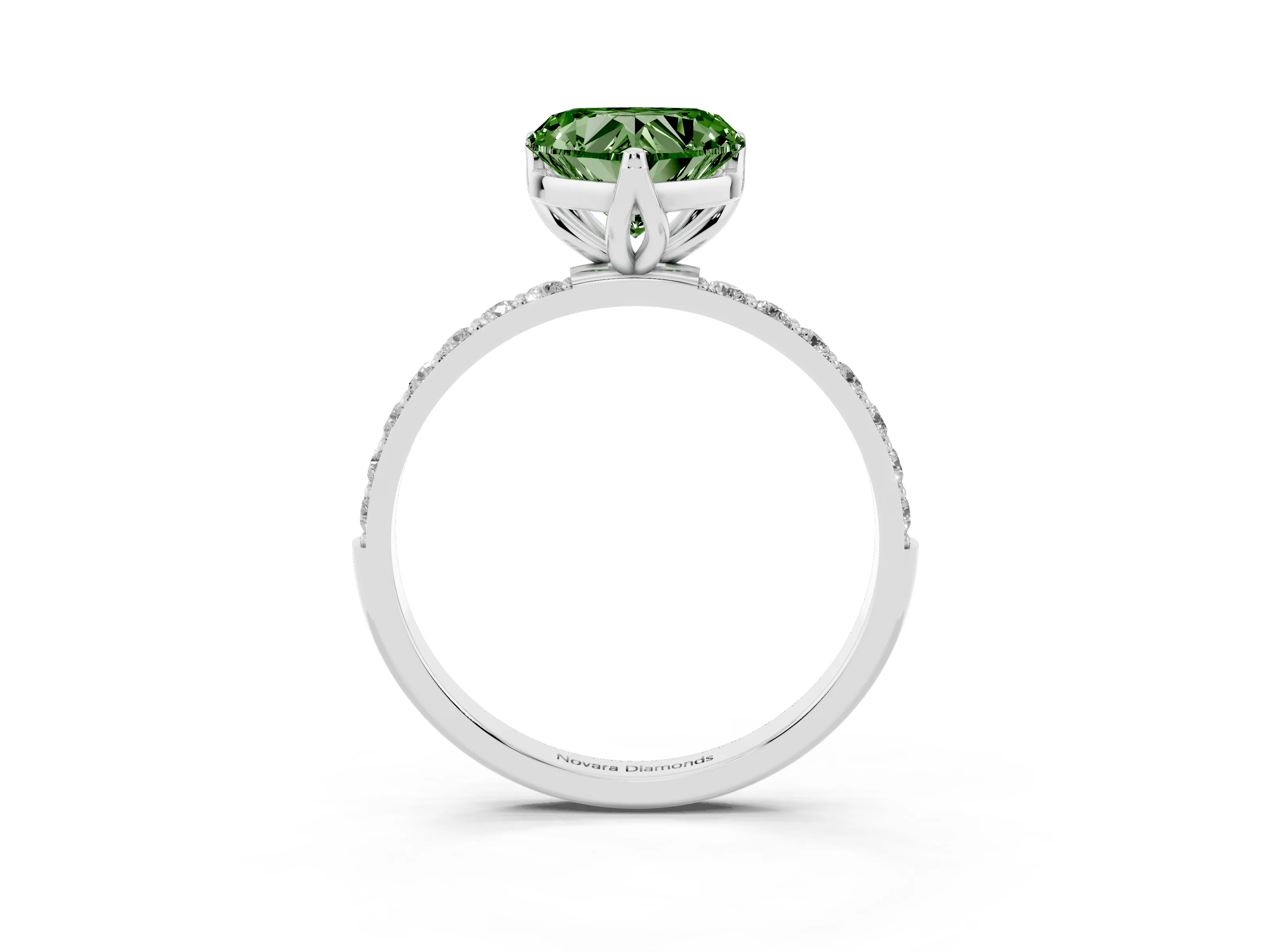Fancy Green Heart Cut Diamond Solitaire Engagement Ring Set in Platinum with Round Pavé Band and Prong Setting
