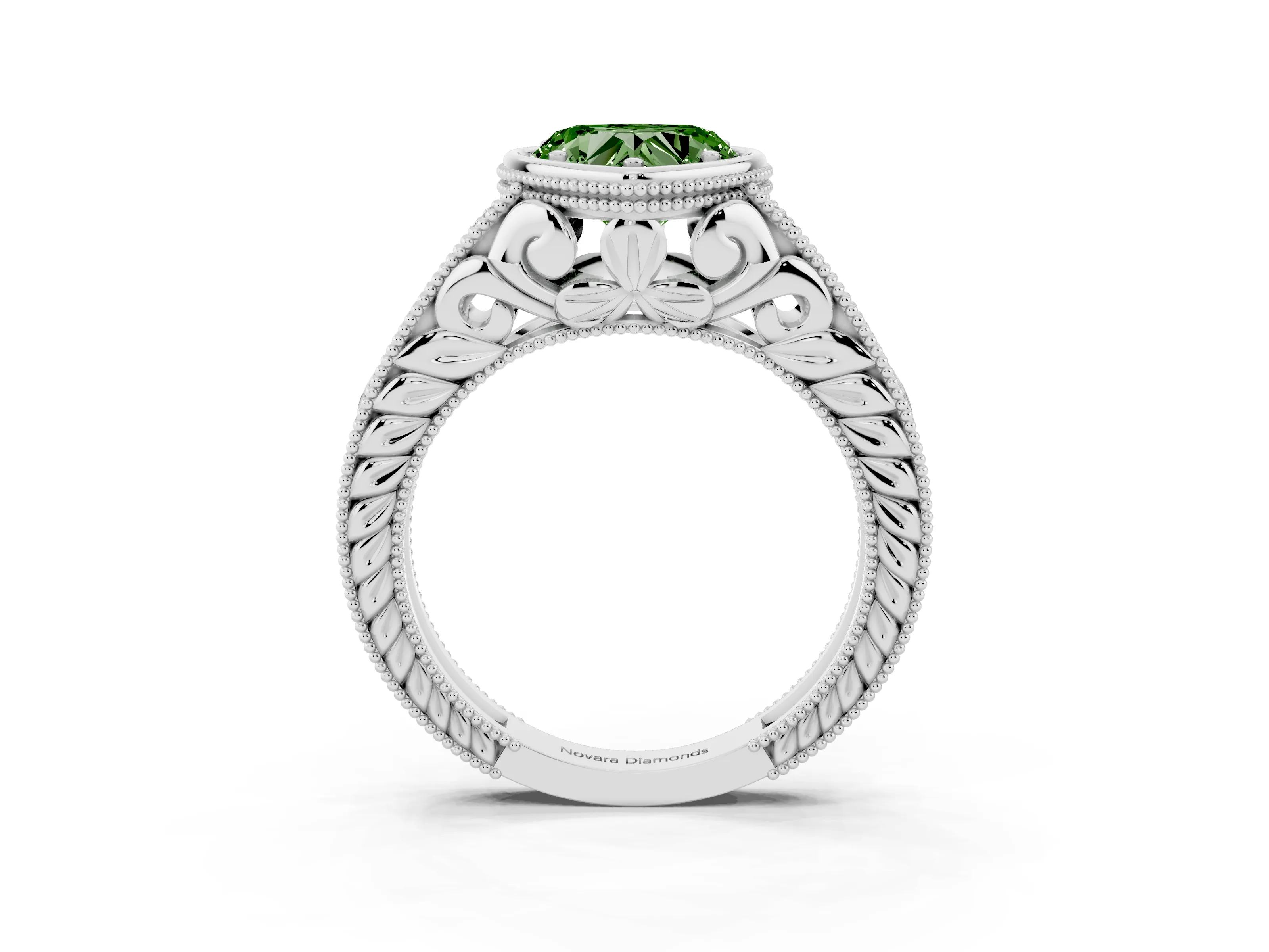 Fancy Green Bezel Set Heart Cut Diamond Milgrain Pavé Engagement Ring Set in Silver