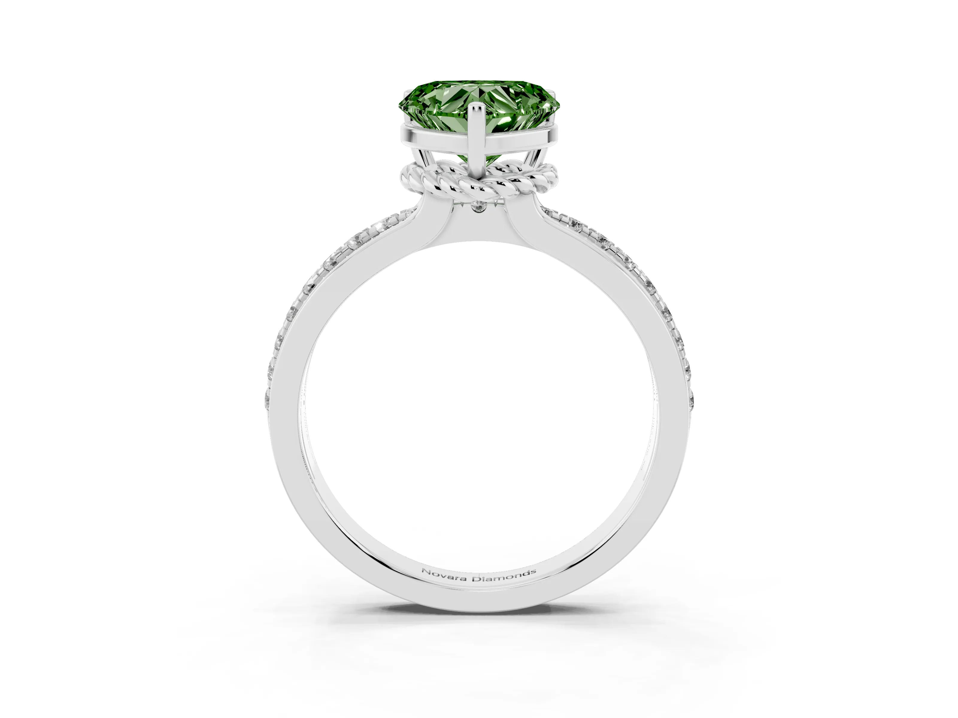 Fancy Green Heart Cut Diamond Solitaire Ring Set in White gold with Channel Set Band and Prong Setting
