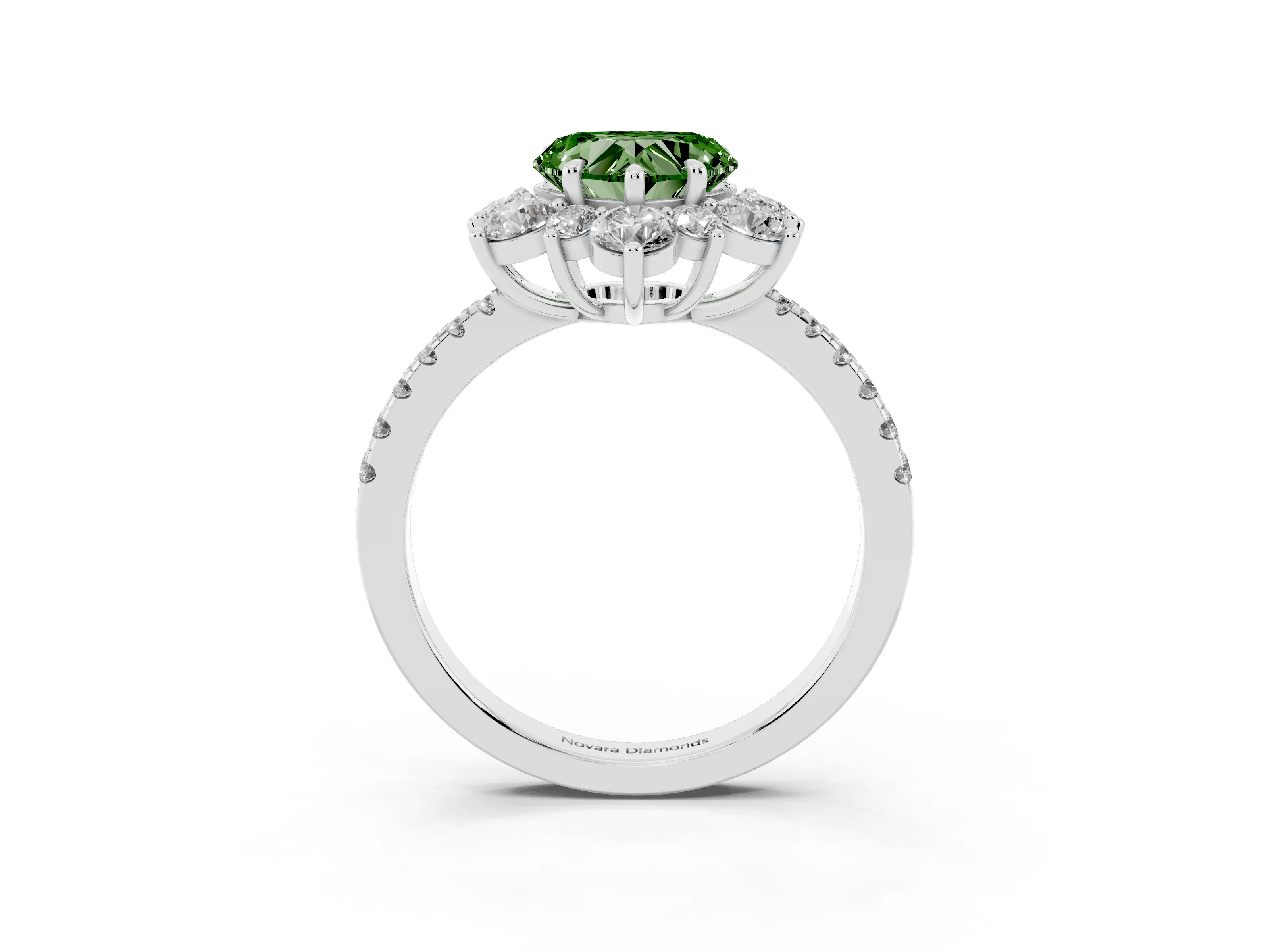 Fancy Green Heart Cut Diamond Floral Halo Ring Set in Silver with Round Pavé Band and Prong Setting