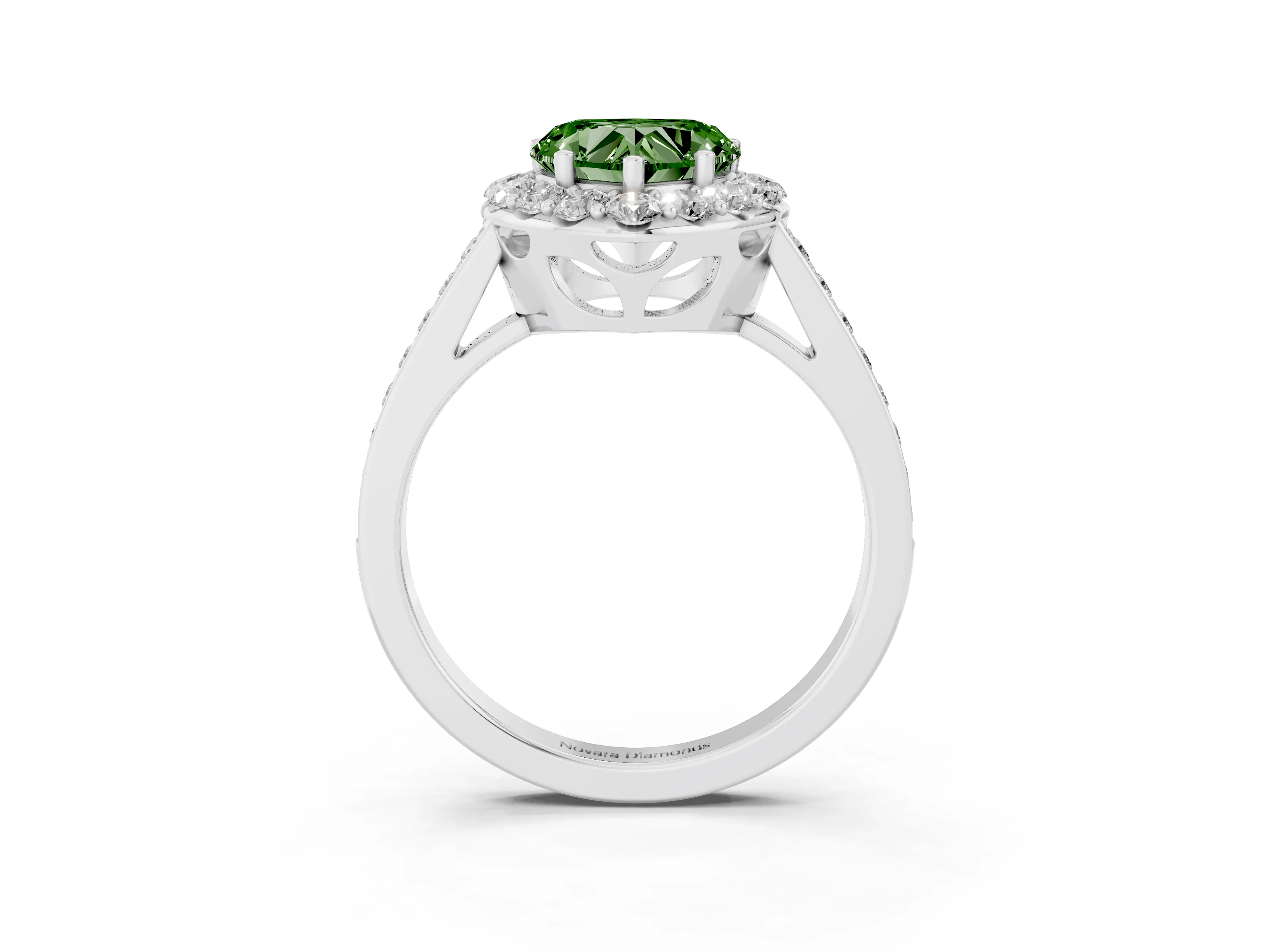 Fancy Green Heart Cut Diamond Floral Halo Ring Set in Platinum with Pavé Band and Prong Setting