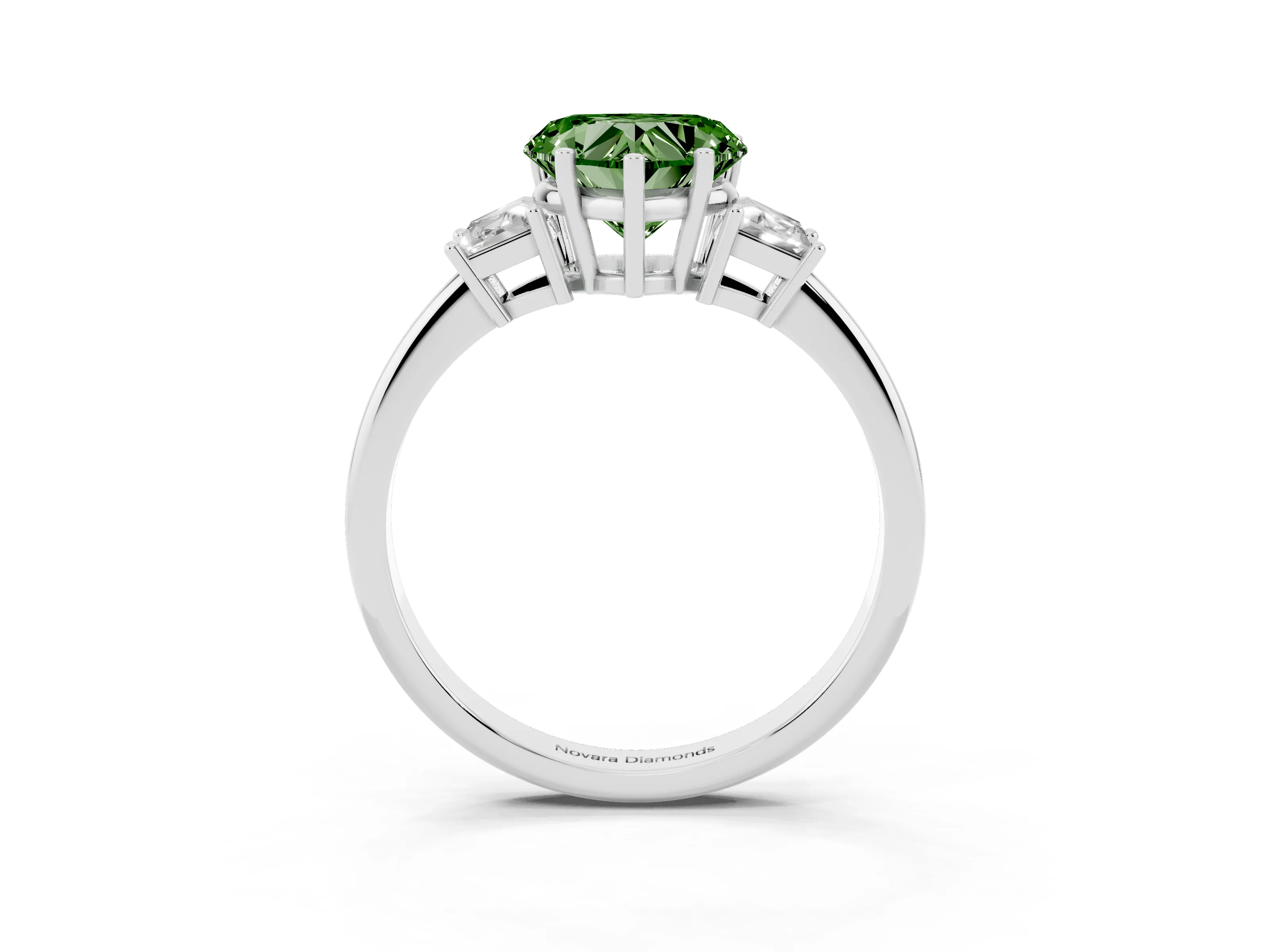 Fancy Green Heart Cut Diamond Three-Stone Ring Set in Silver with Trapezoid Side Stones and Prong Setting