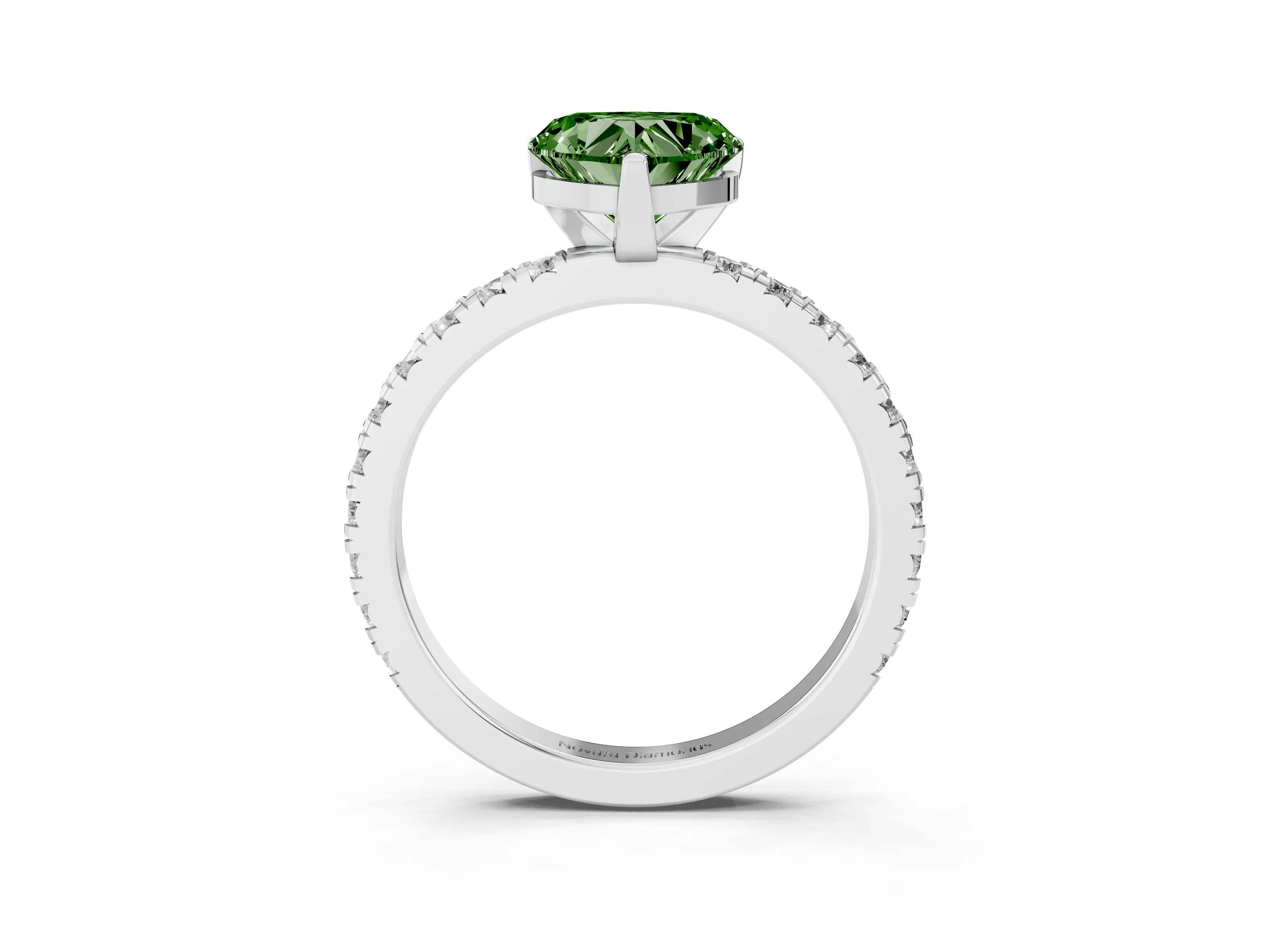 Fancy Green Heart Cut Diamond Pavé Band Solitaire Set in White gold with Prong Setting