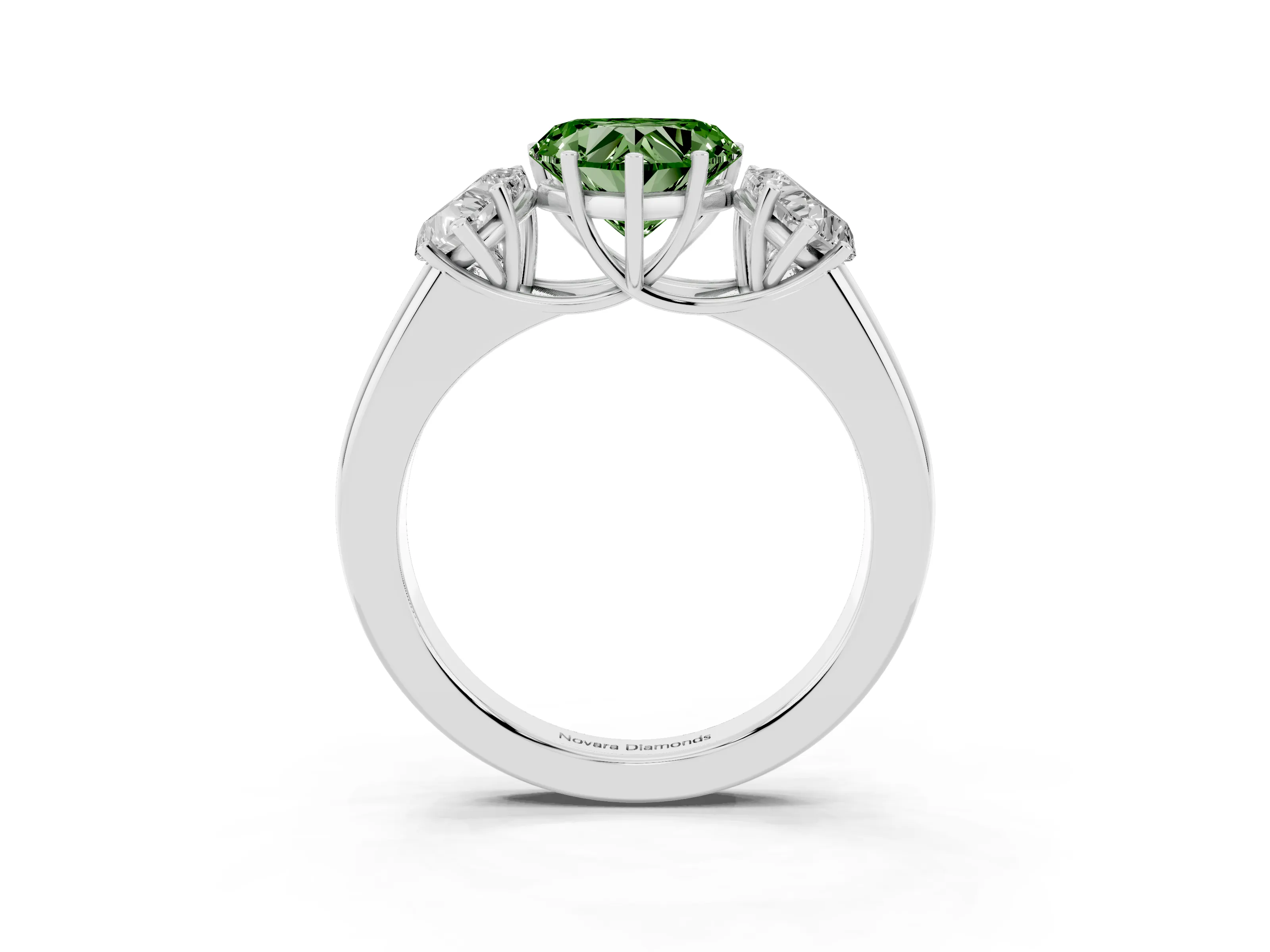 Fancy Green Three-Stone Heart Cut Diamond Ring Set in Platinum with Matching Prong Settings and Plain Band