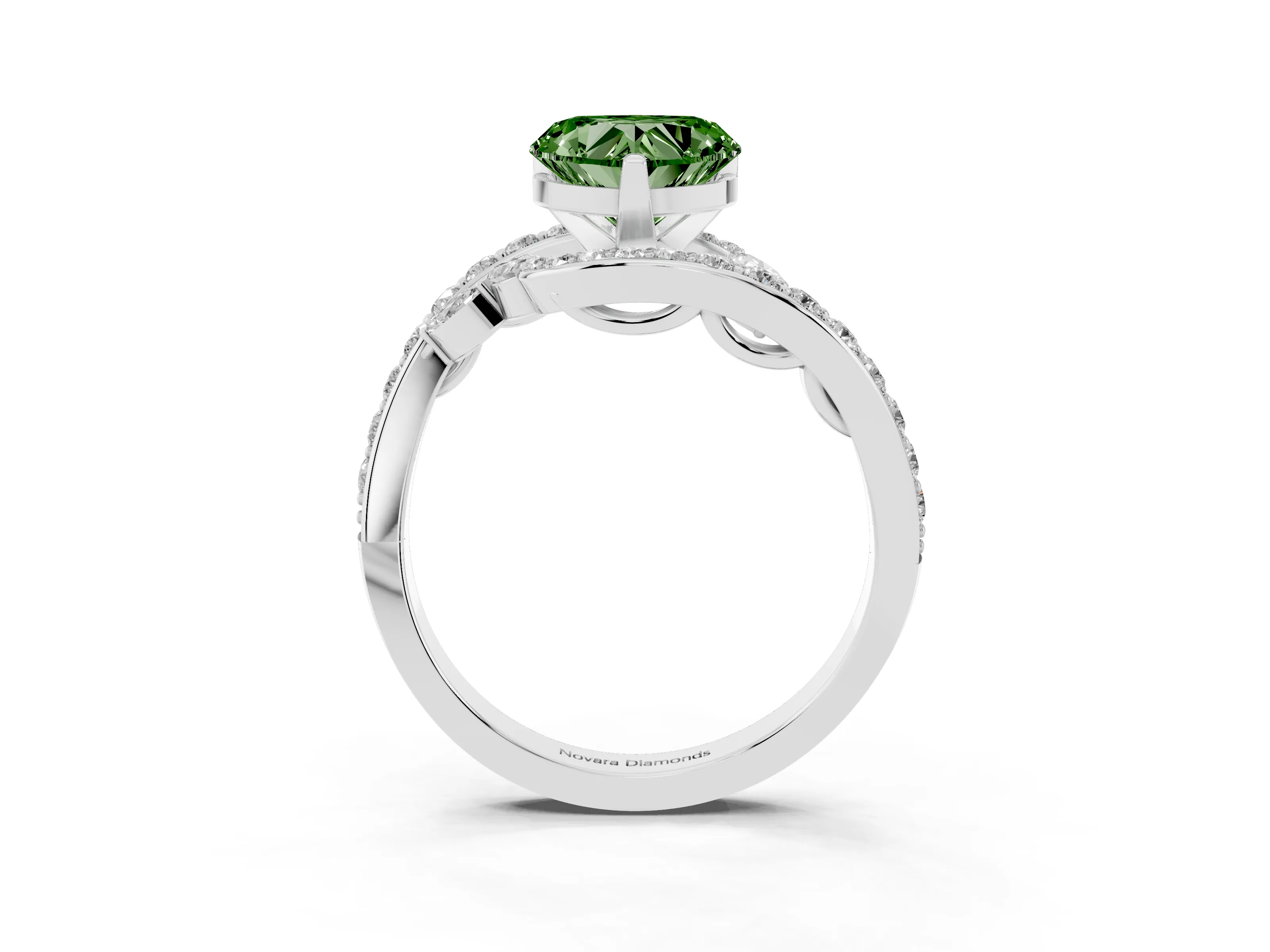 Fancy Green Heart Cut Diamond Solitaire Ring Set in Silver with Pavé Twist Band and Secure Prong Setting