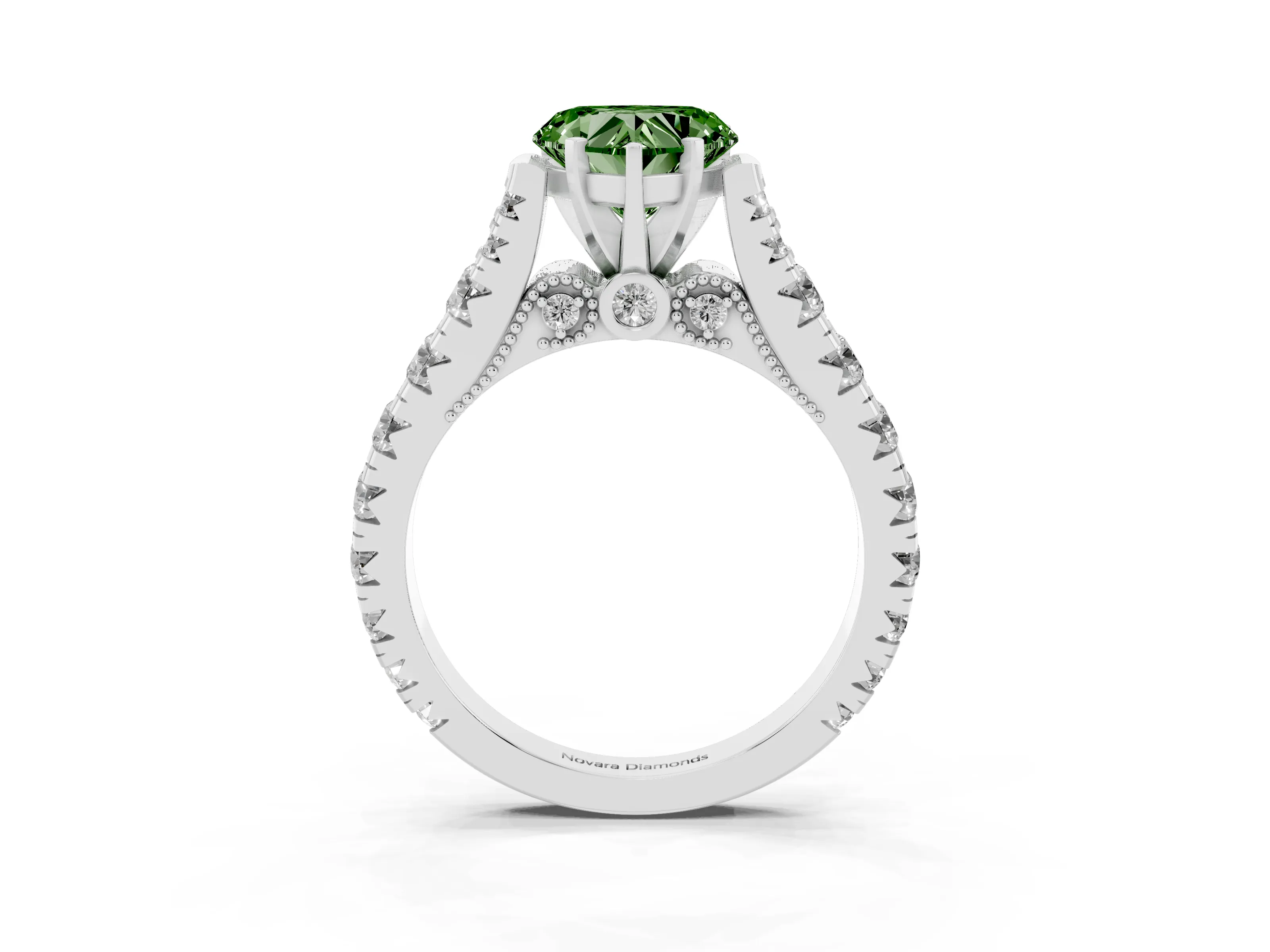 Fancy Green Heart Cut Diamond Classic Solitaire Ring Set in Silver with Pavé Band and Prong Setting