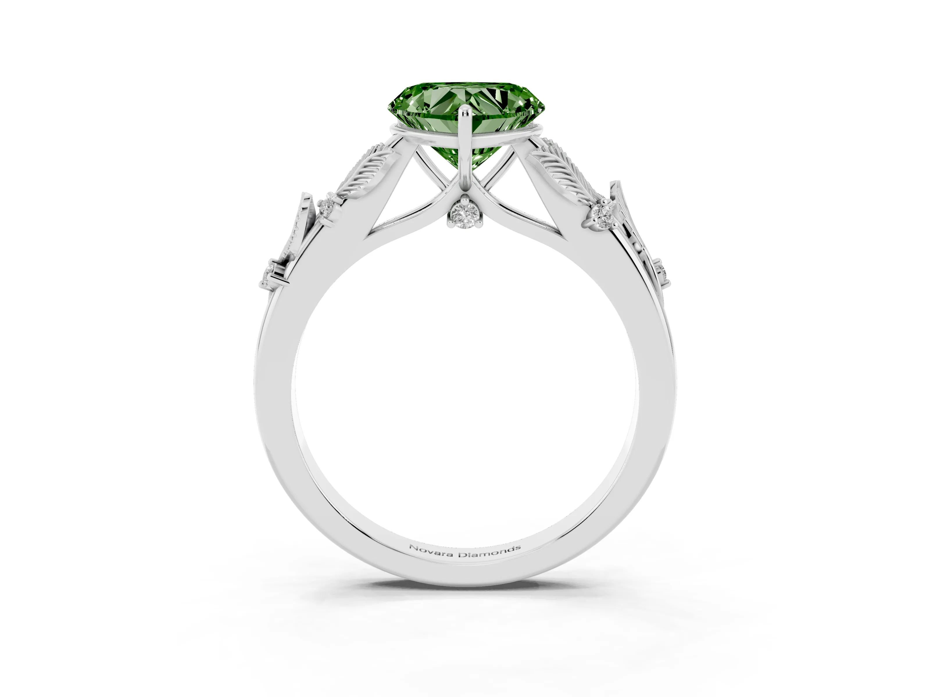 Fancy Green Heart Cut Diamond Solitaire Ring Set in Silver with Leaf Motif Band