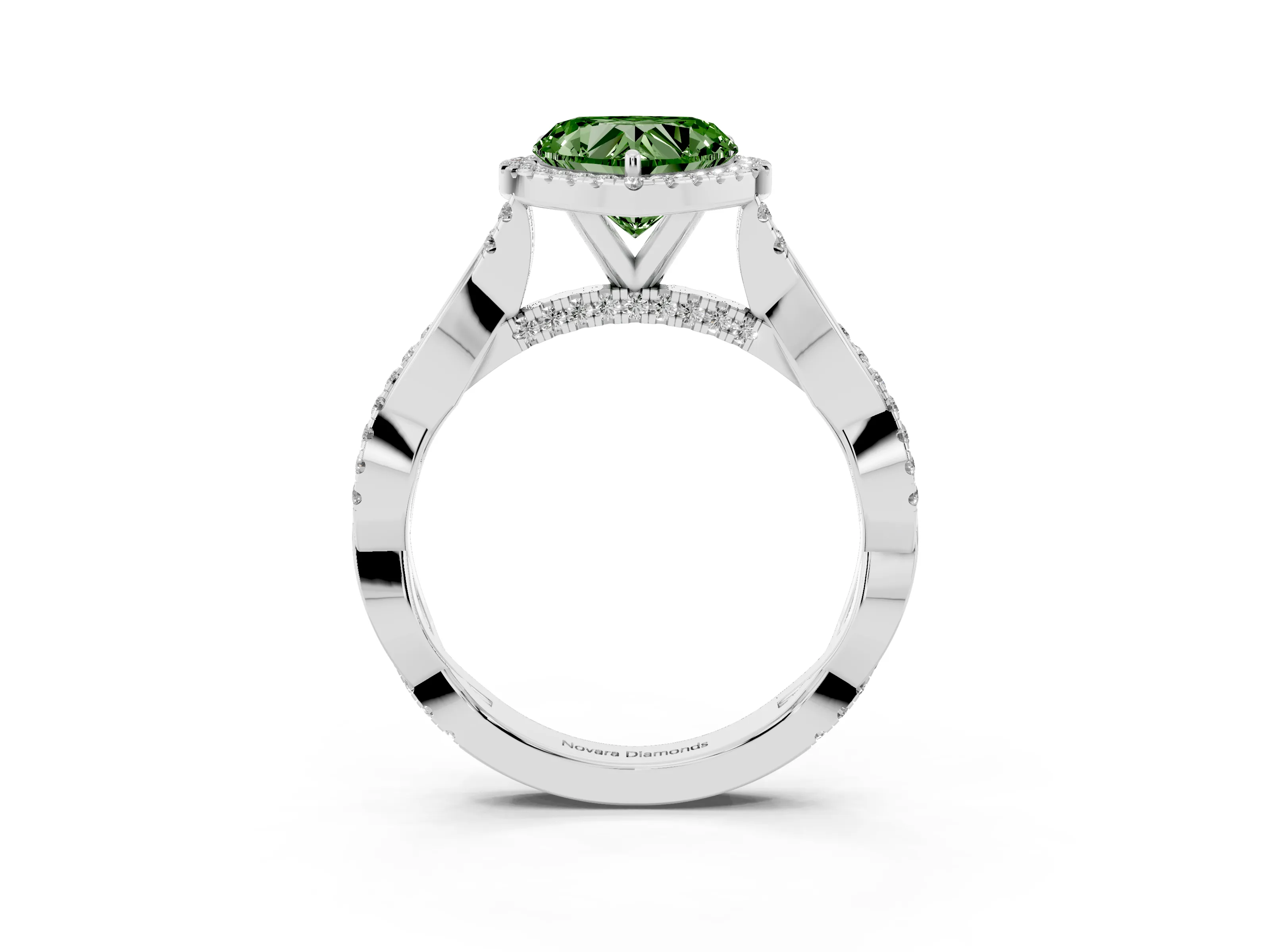 Fancy Green Heart Cut Diamond Halo Twist Band Solitaire Ring Set in White gold with Prong Setting