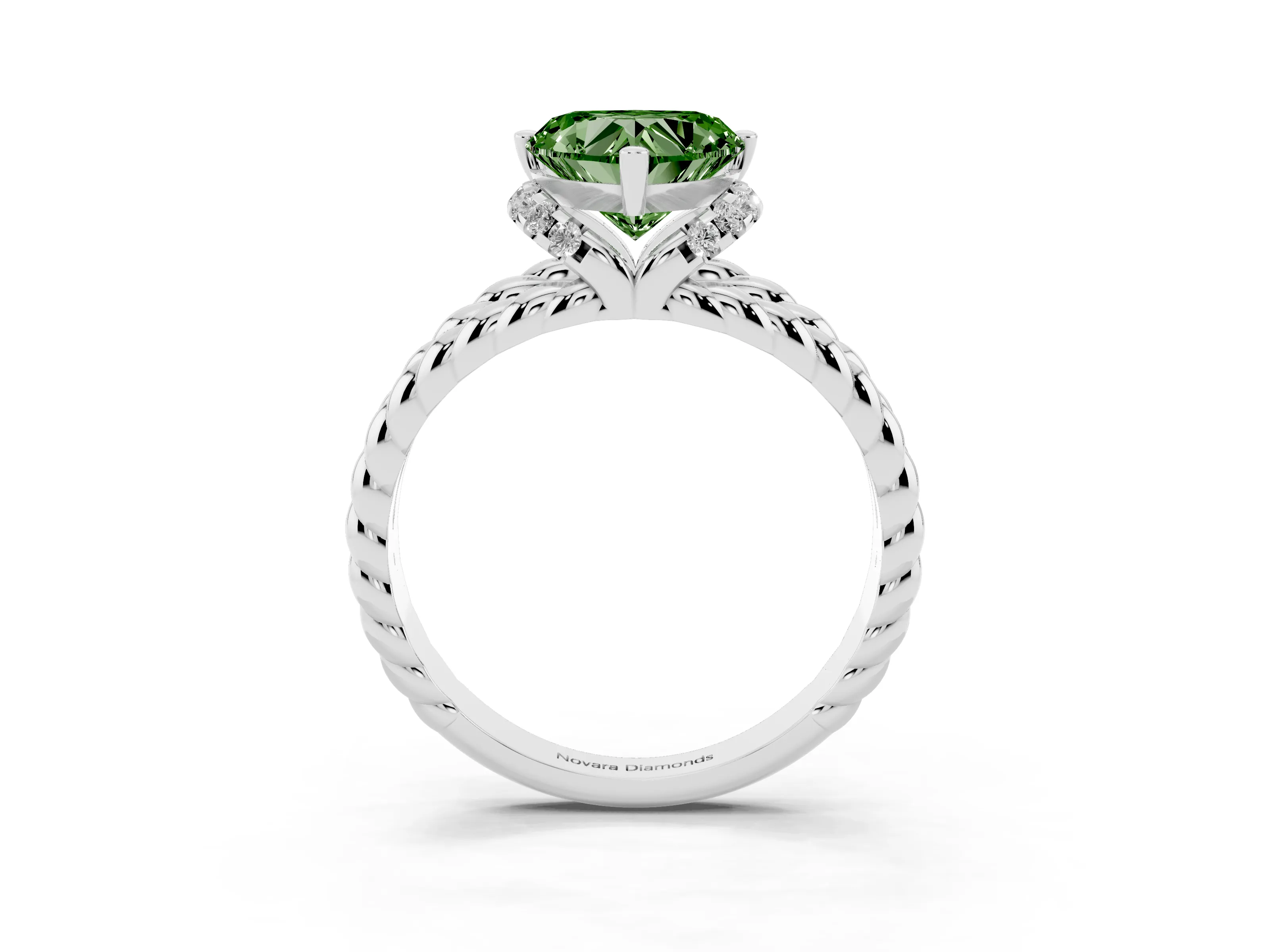 Fancy Green Heart Cut Diamond Halo Ring Set in White gold with Twisted Band and Prong Setting