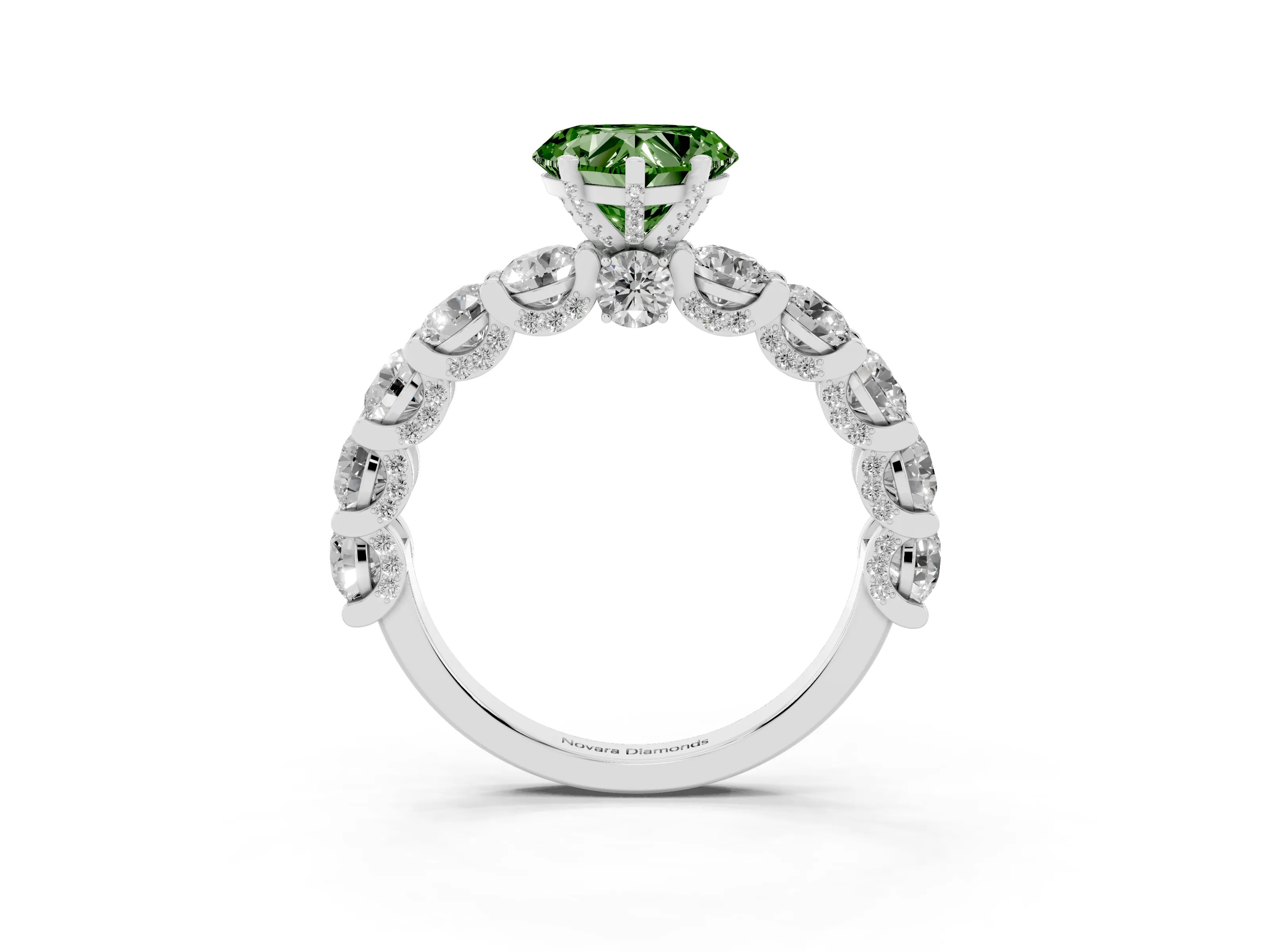 Fancy Green Heart Cut Diamond Side Stone Ring Set in White gold with Alternating Round and Oval Side Stones