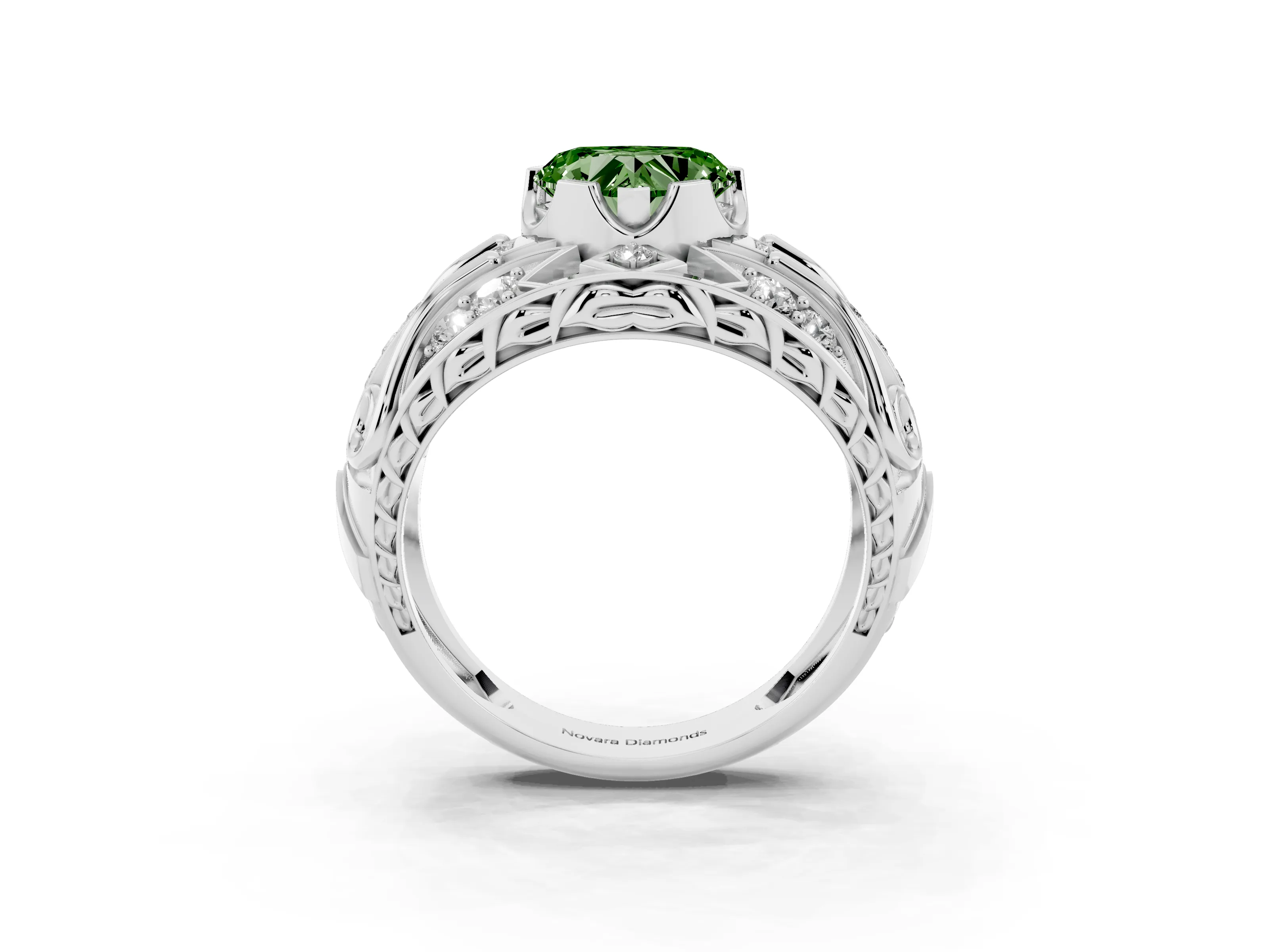 Fancy Green Heart Cut Diamond Art Deco Ring Set in Silver with Pavé Split Shank