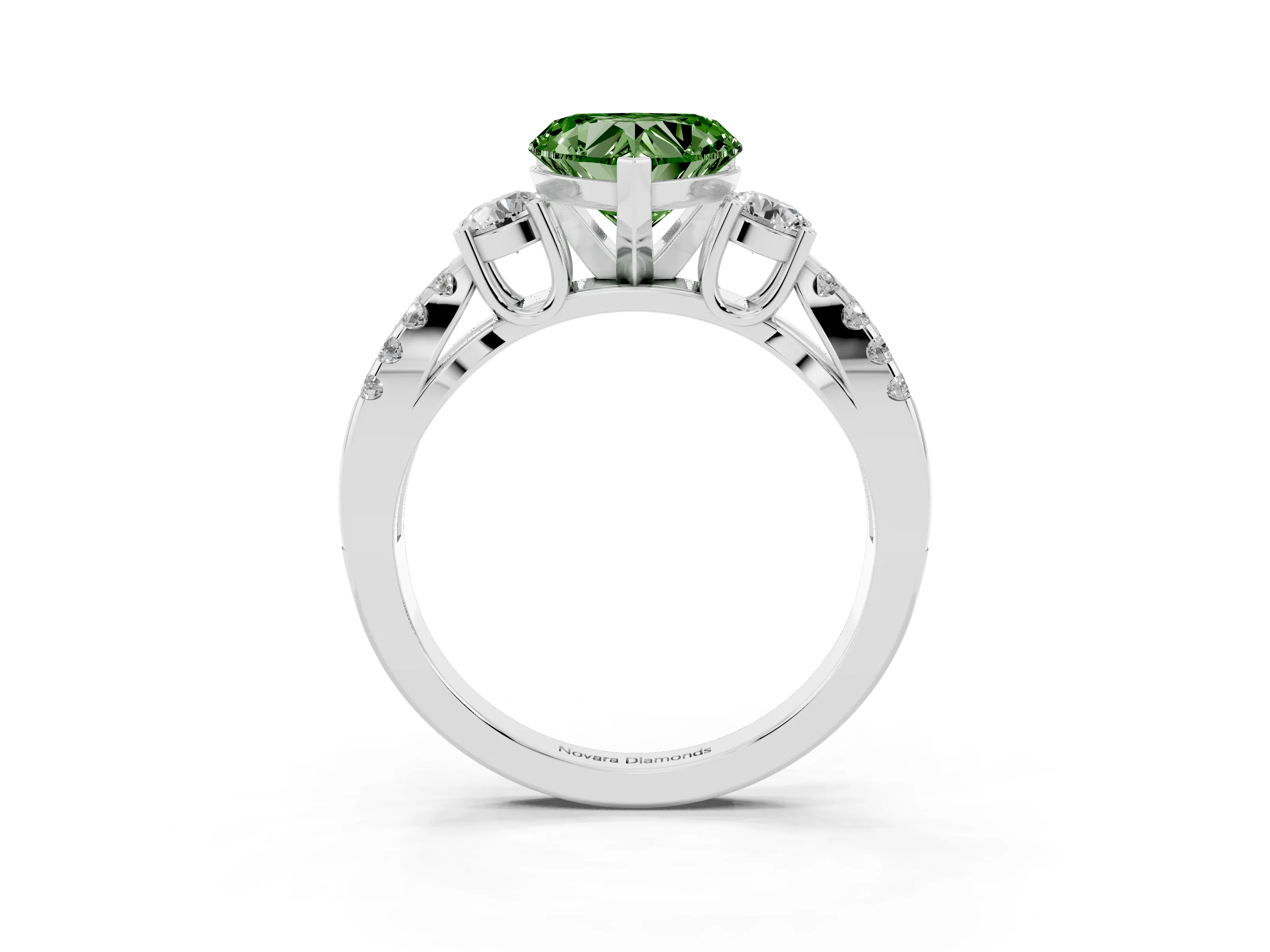 Fancy Green Heart Cut Diamond Three-Stone Ring Set in Platinum with Pavé Split Shank and Prong Setting