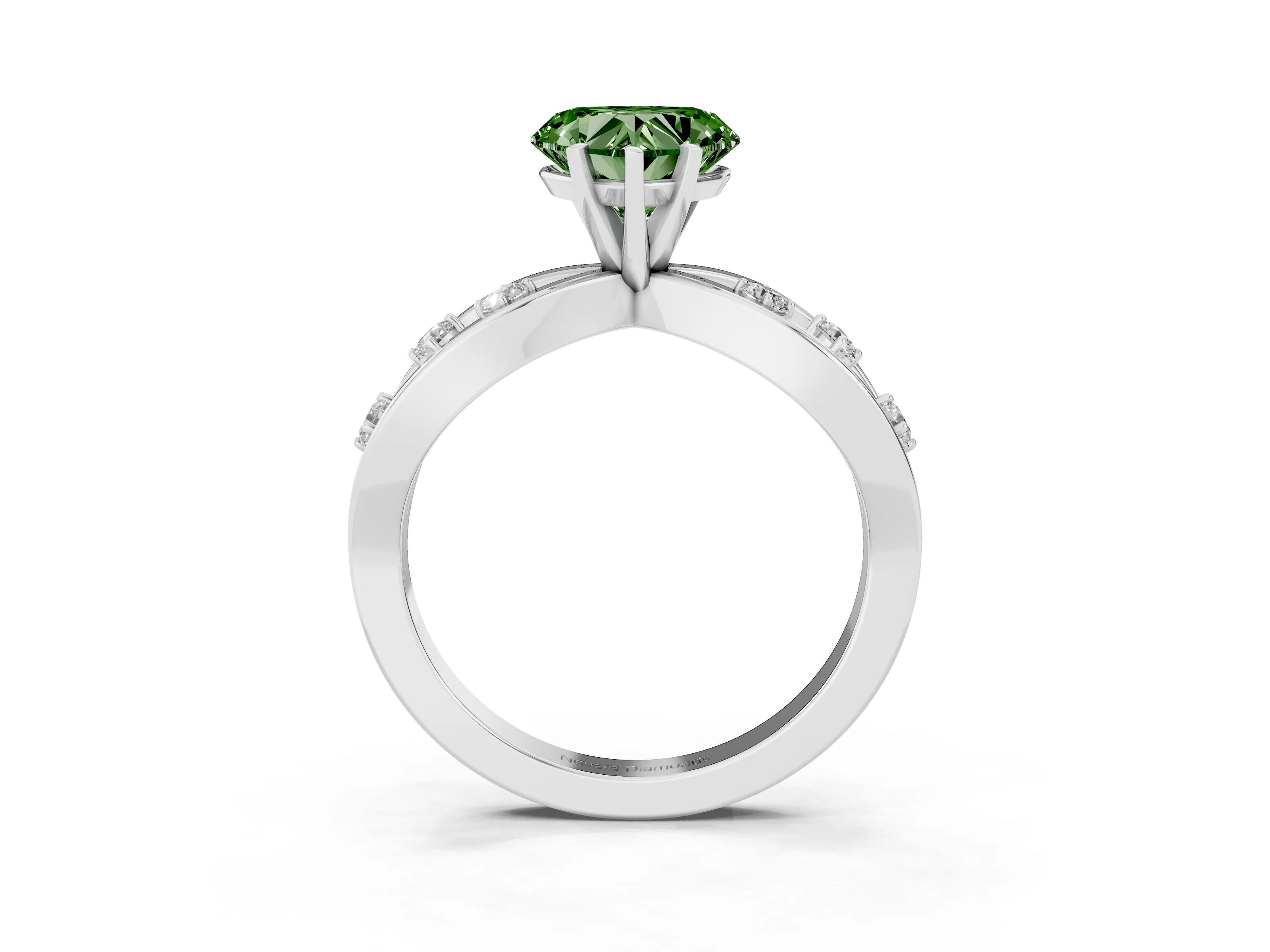 Fancy Green Heart Cut Diamond Solitaire Ring Set in Silver with Side Stones on Criss-Cross Band and Prong Setting