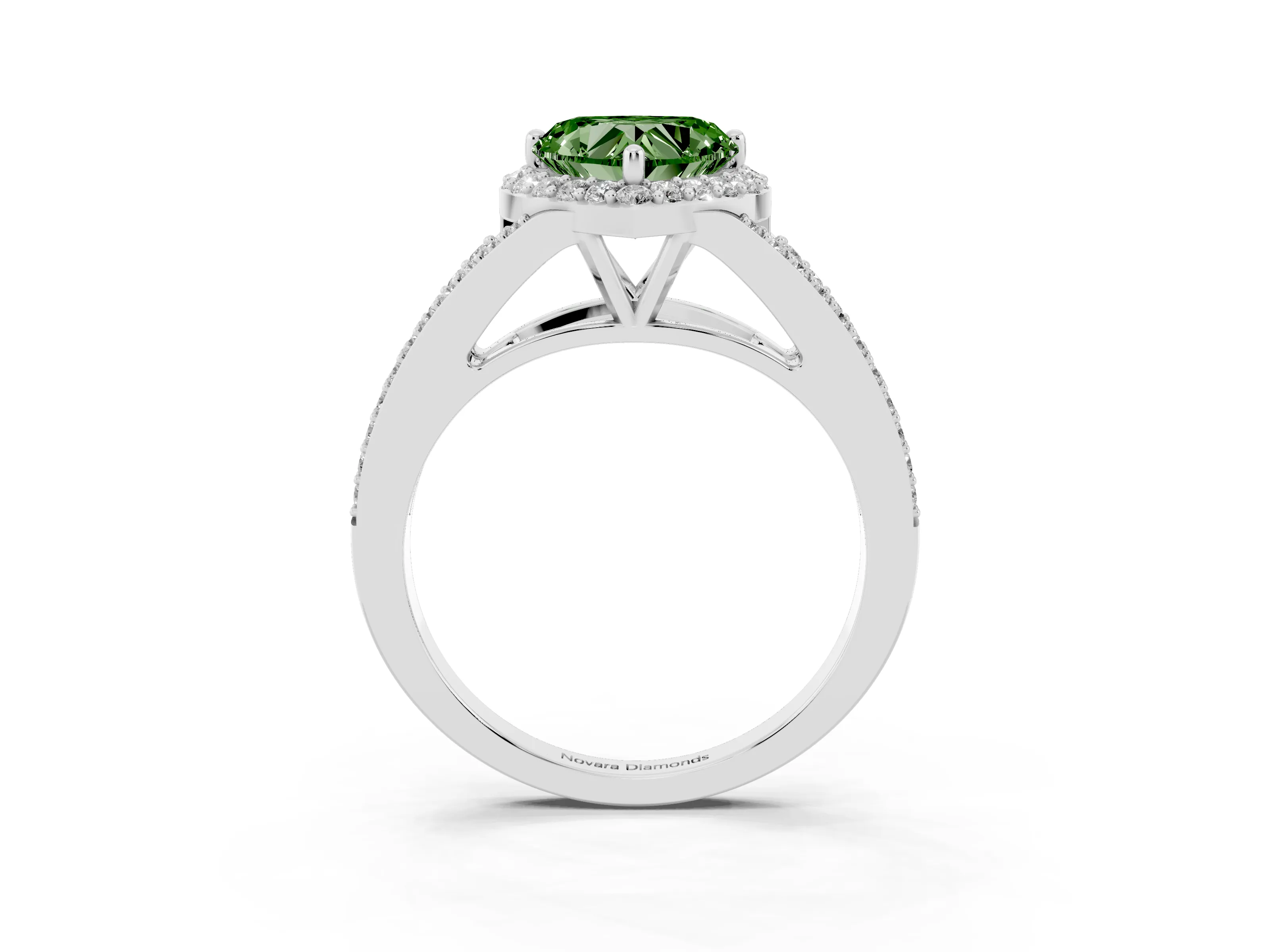 Fancy Green Heart Cut Diamond Halo Split Shank Pavé Ring Set in Platinum with Prong Setting