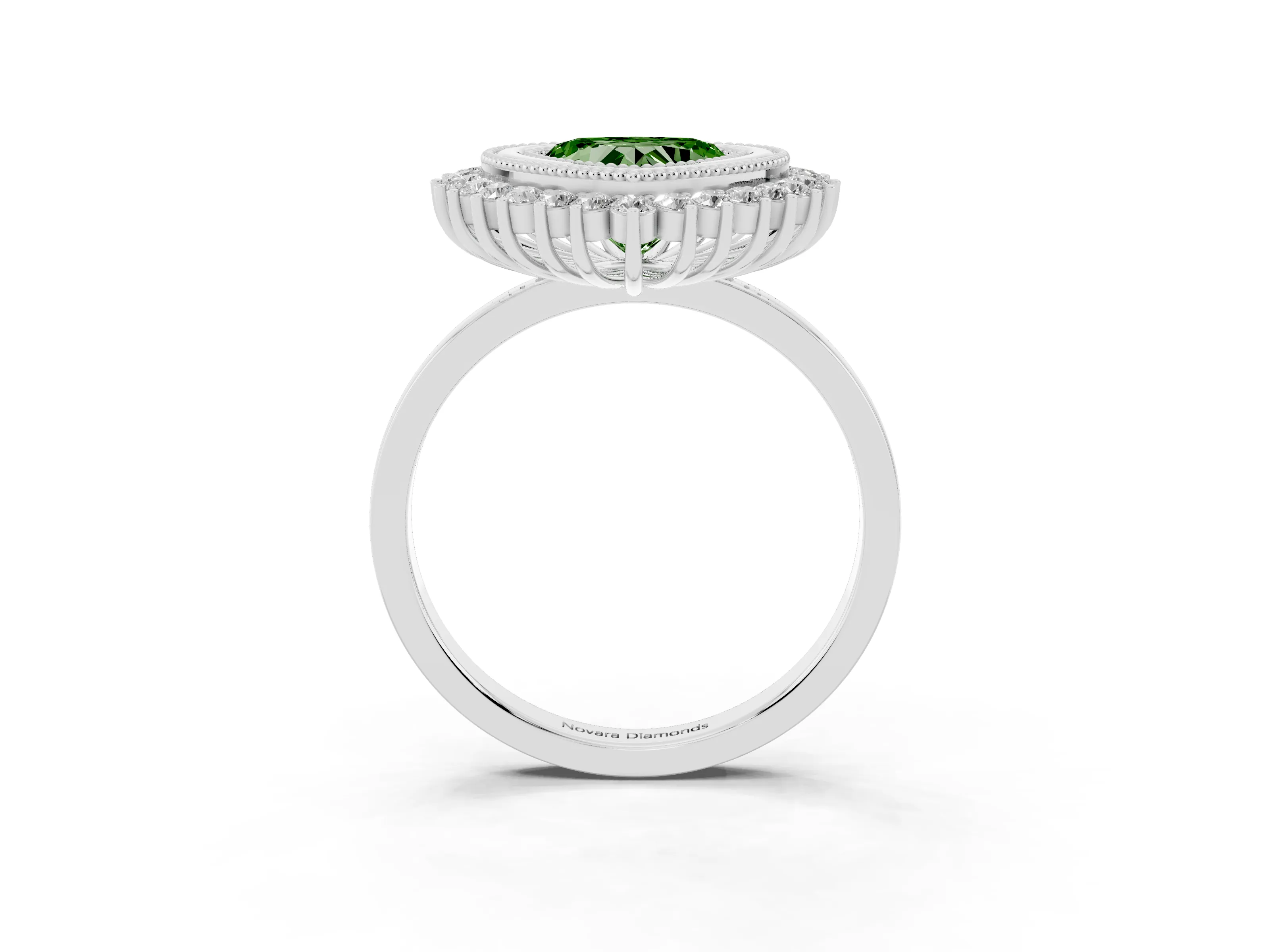 Fancy Green Heart Cut Diamond Halo Ring Set in White gold with Milgrain Edge and Round Prong Setting