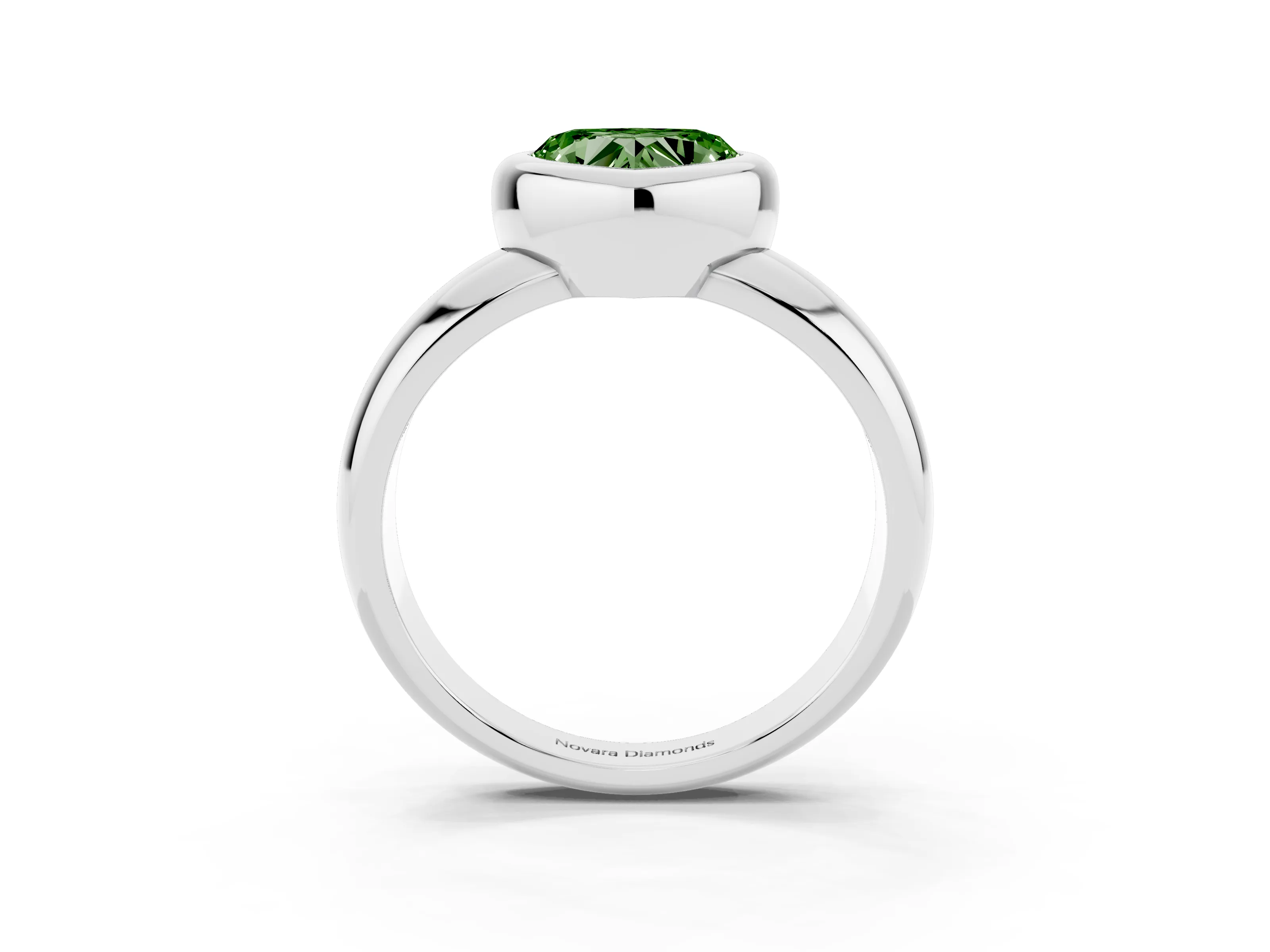 Fancy Green Bezel Set Heart Cut Diamond Solitaire Ring Set in White gold with Wide Band