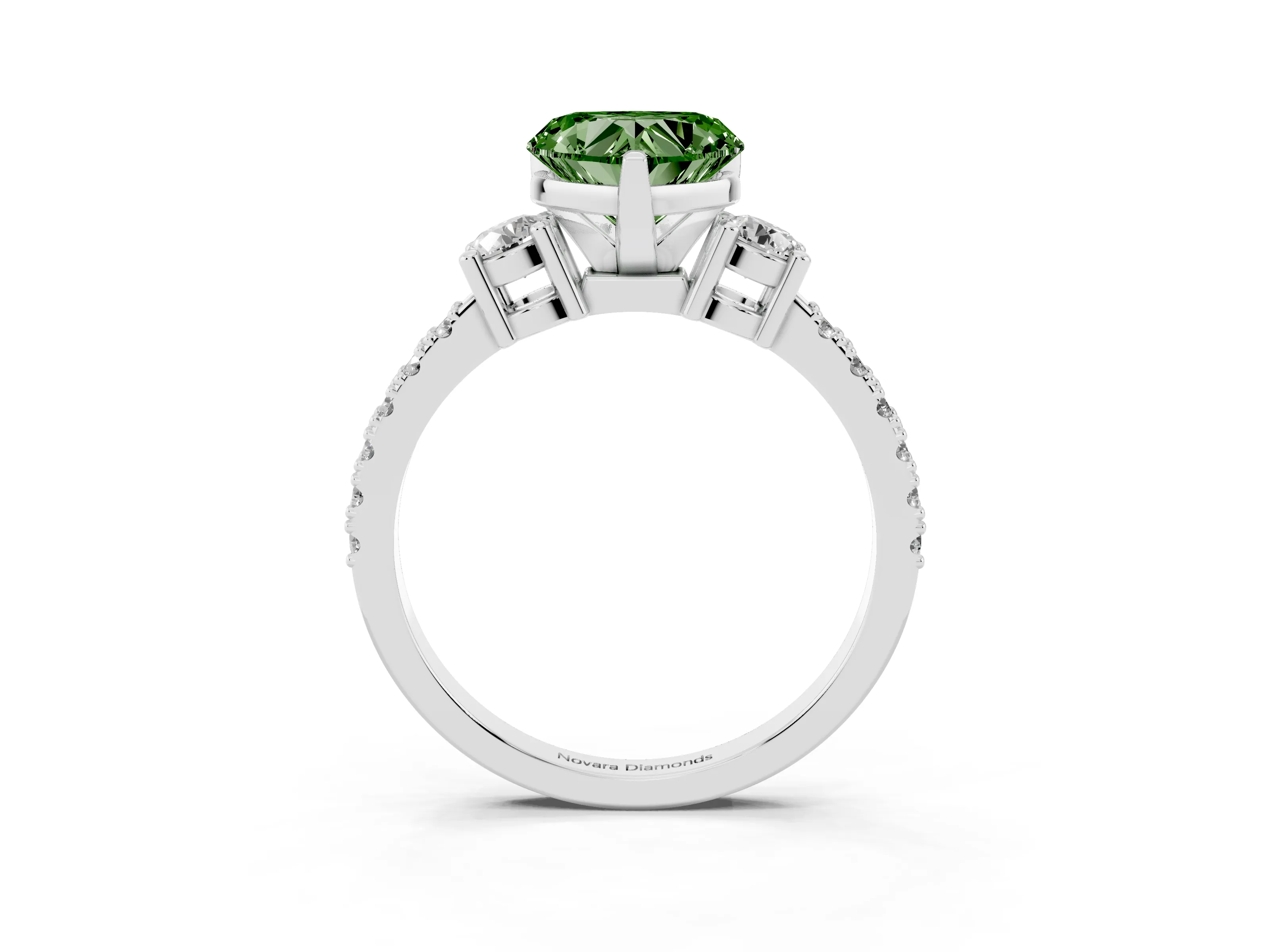 Fancy Green Three-Stone Heart Cut Diamond Pavé Band Ring Set in White gold with Prong Setting