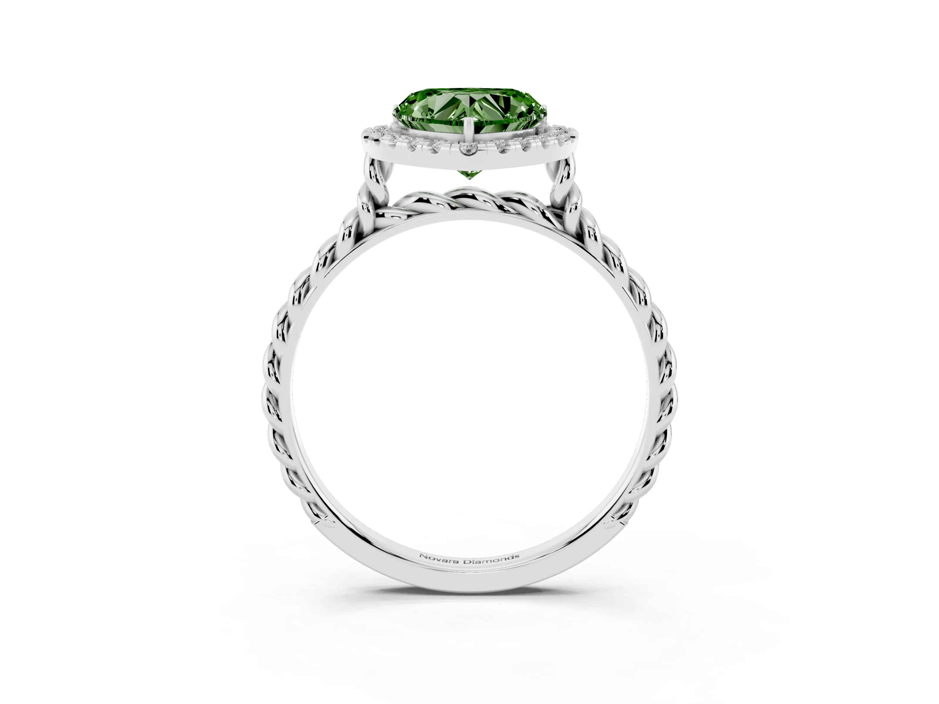 Fancy Green Heart Cut Diamond Halo Ring Set in Silver with Plain Twisted Band