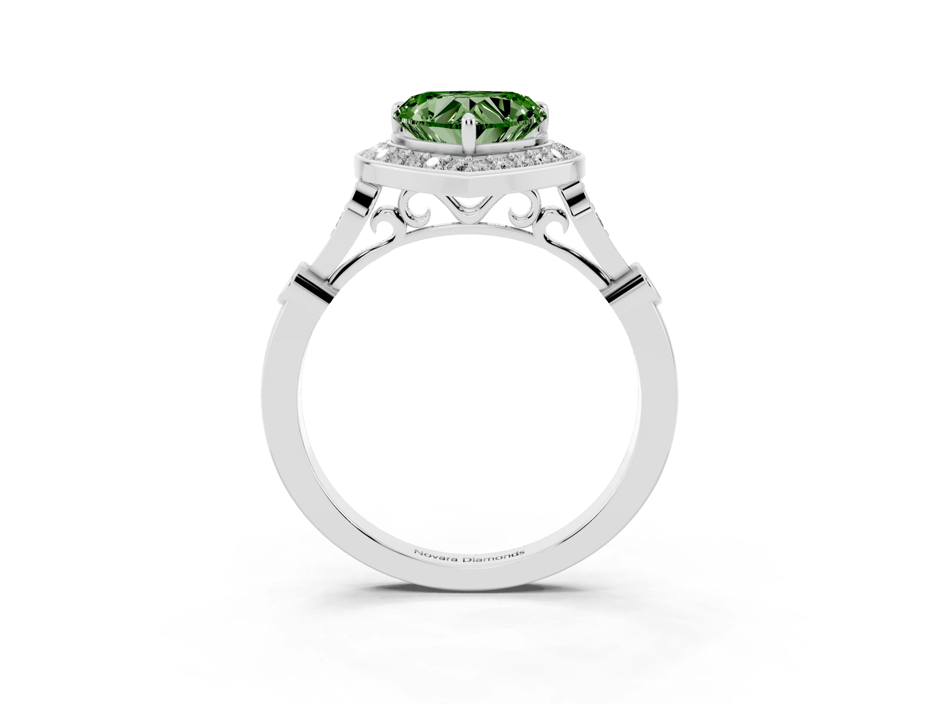 Fancy Green Heart Cut Diamond Halo Engagement Ring Set in White gold with Twisted Band and Prong Setting